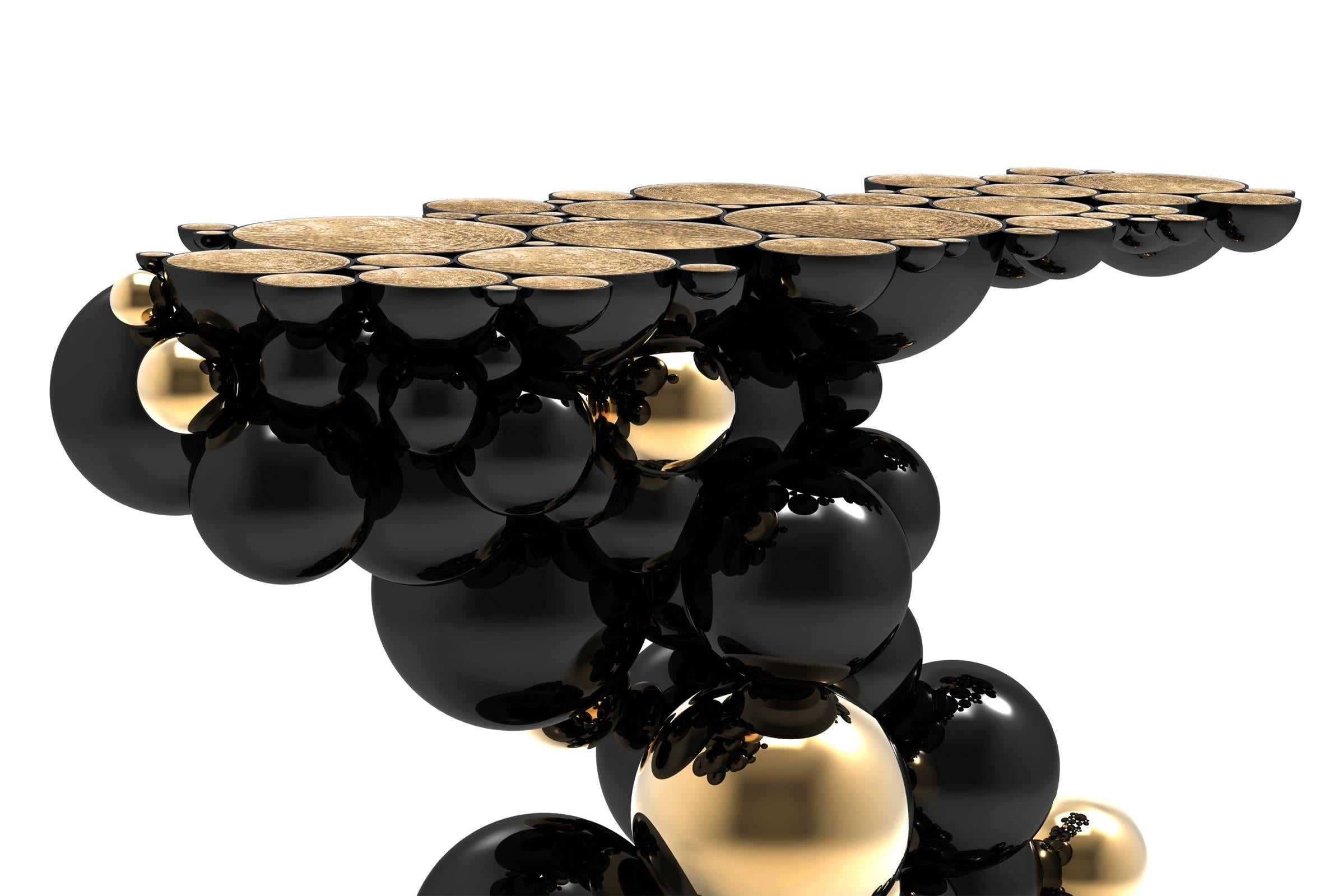 XXIe siècle et contemporain Table console sphériques en aluminium avec sphères noires et dorées en vente