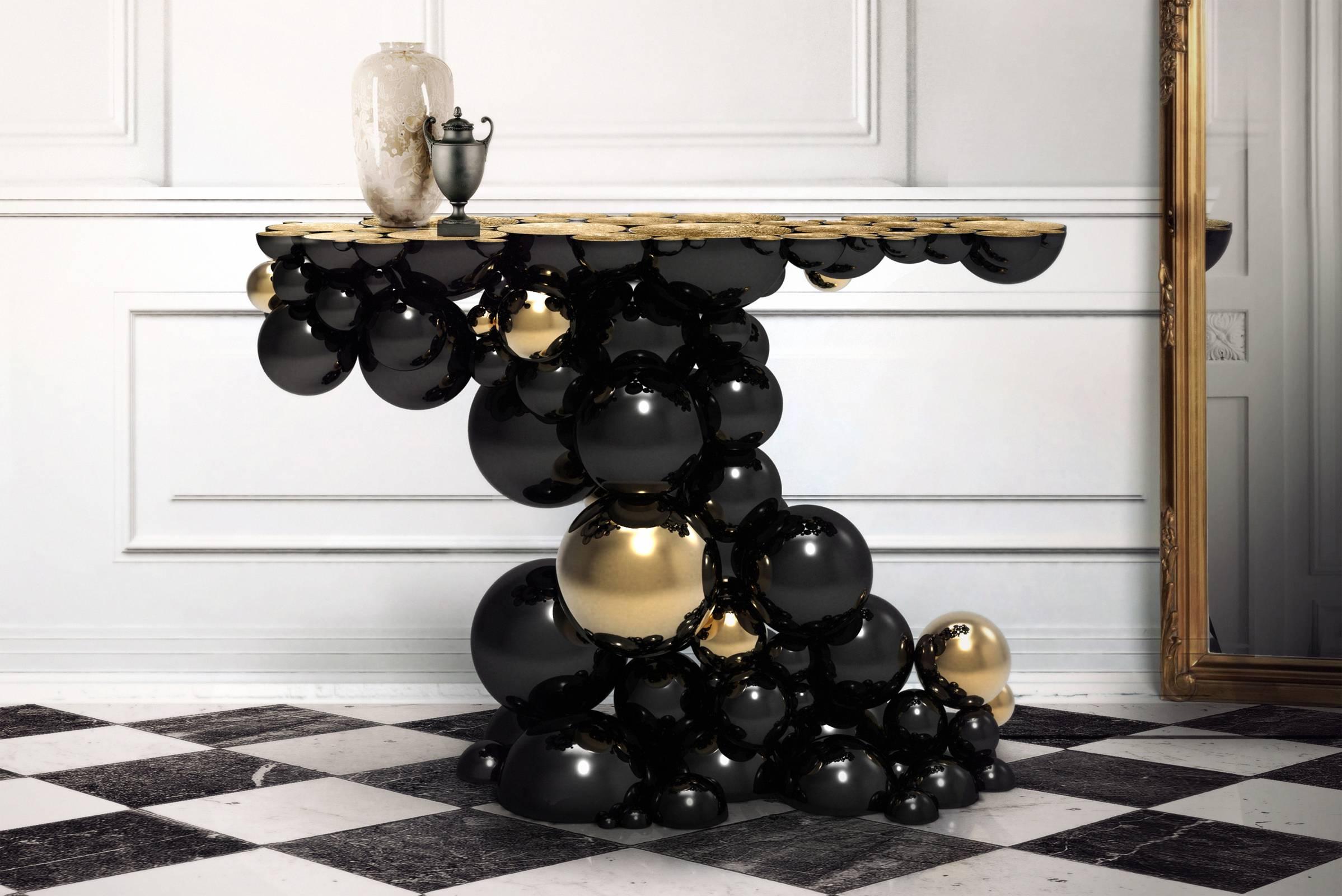 Table console sphériques en aluminium avec sphères noires et dorées en vente 1