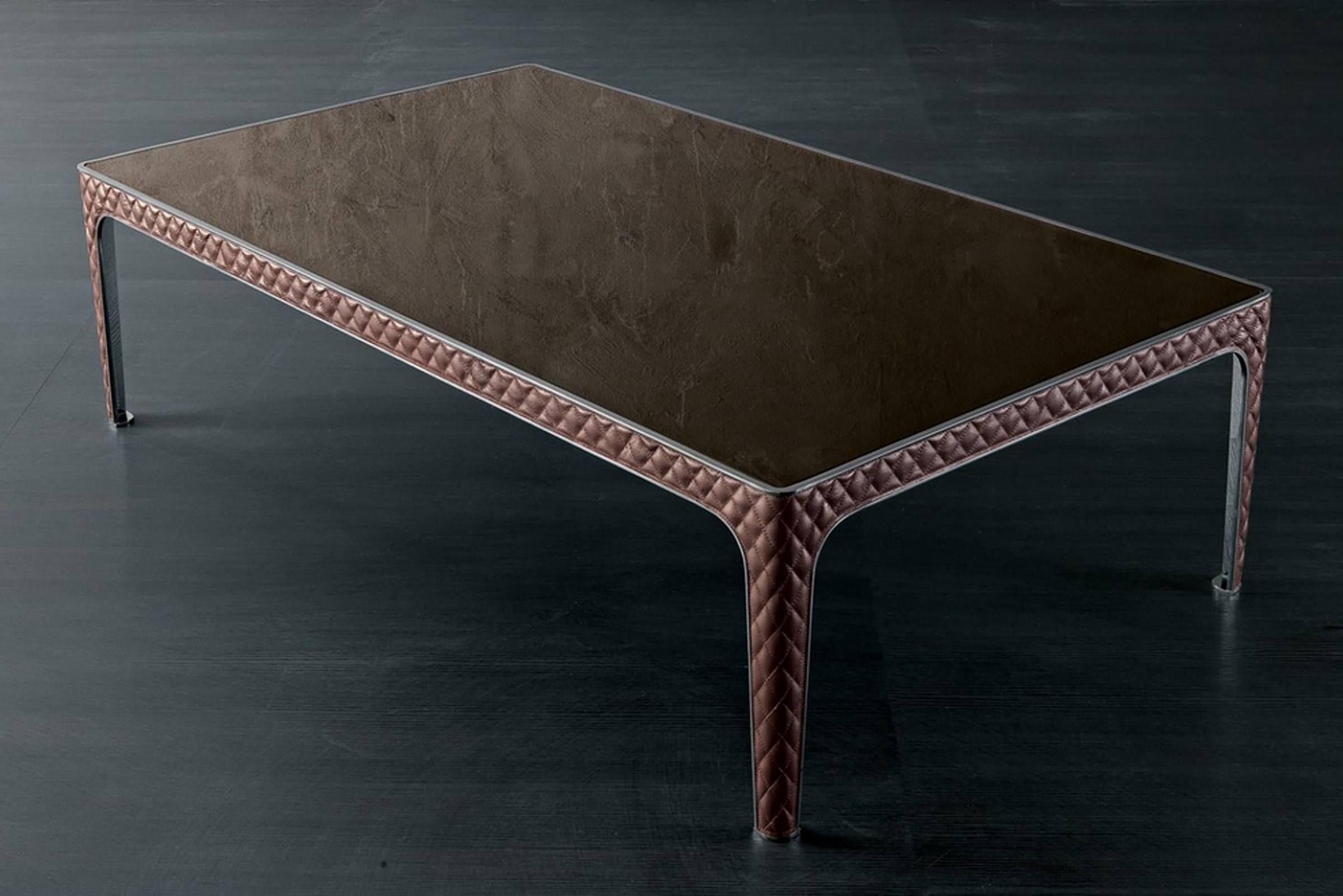 Italian Shadow Coffee Table Genuine Leather and Stainless Steel Structure For Sale