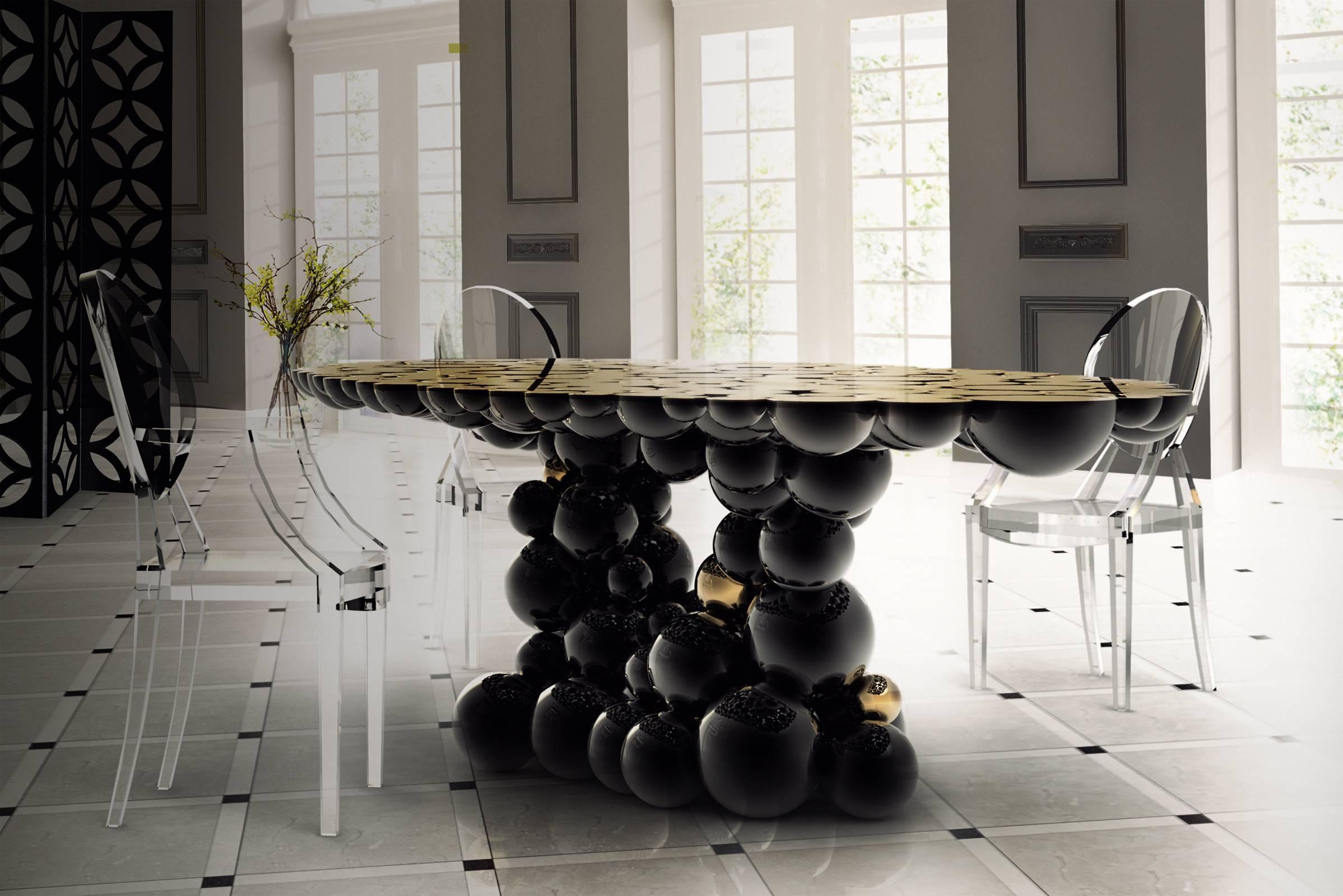 Aluminum Spheres Table with Aluminium Black and Gold Spheres For Sale