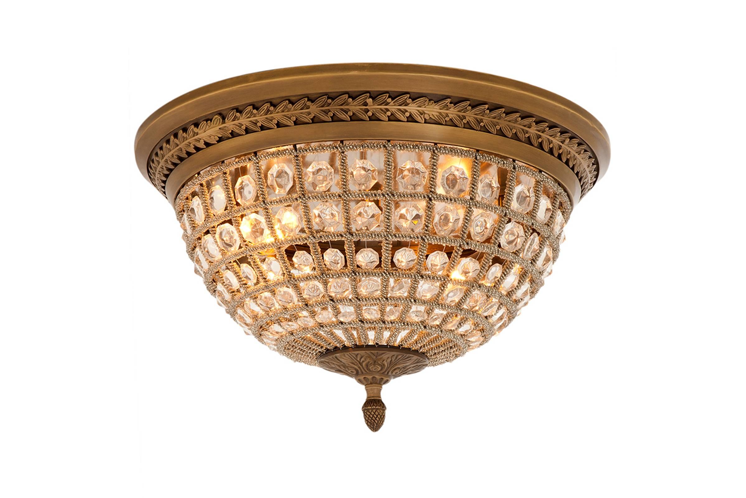 Ceiling lamp arabesque in polished vintage brass
and crystal glass, also available in nickel finish.
