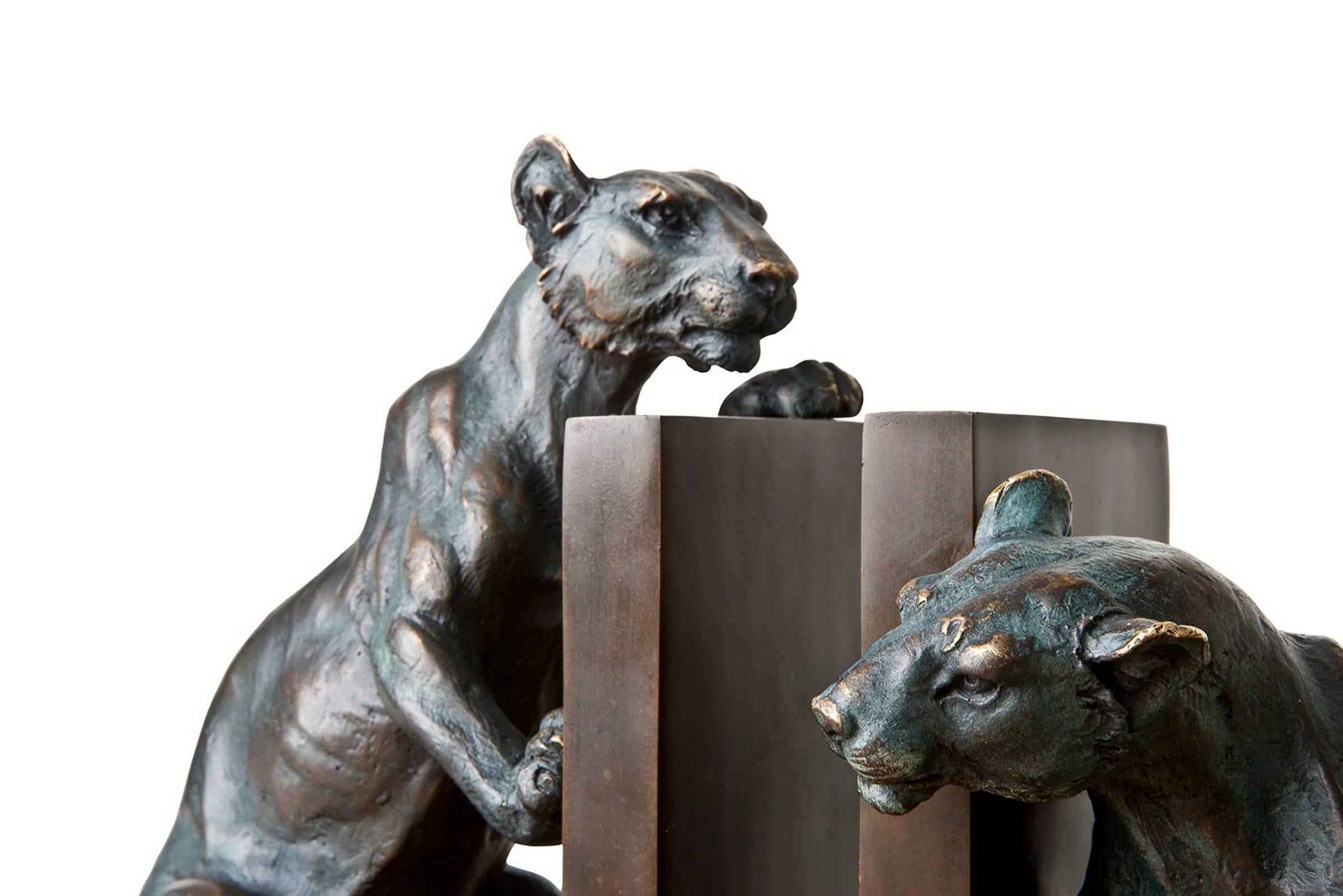 Lions Bookend Set of Two Bronze and Vintage Brass 1