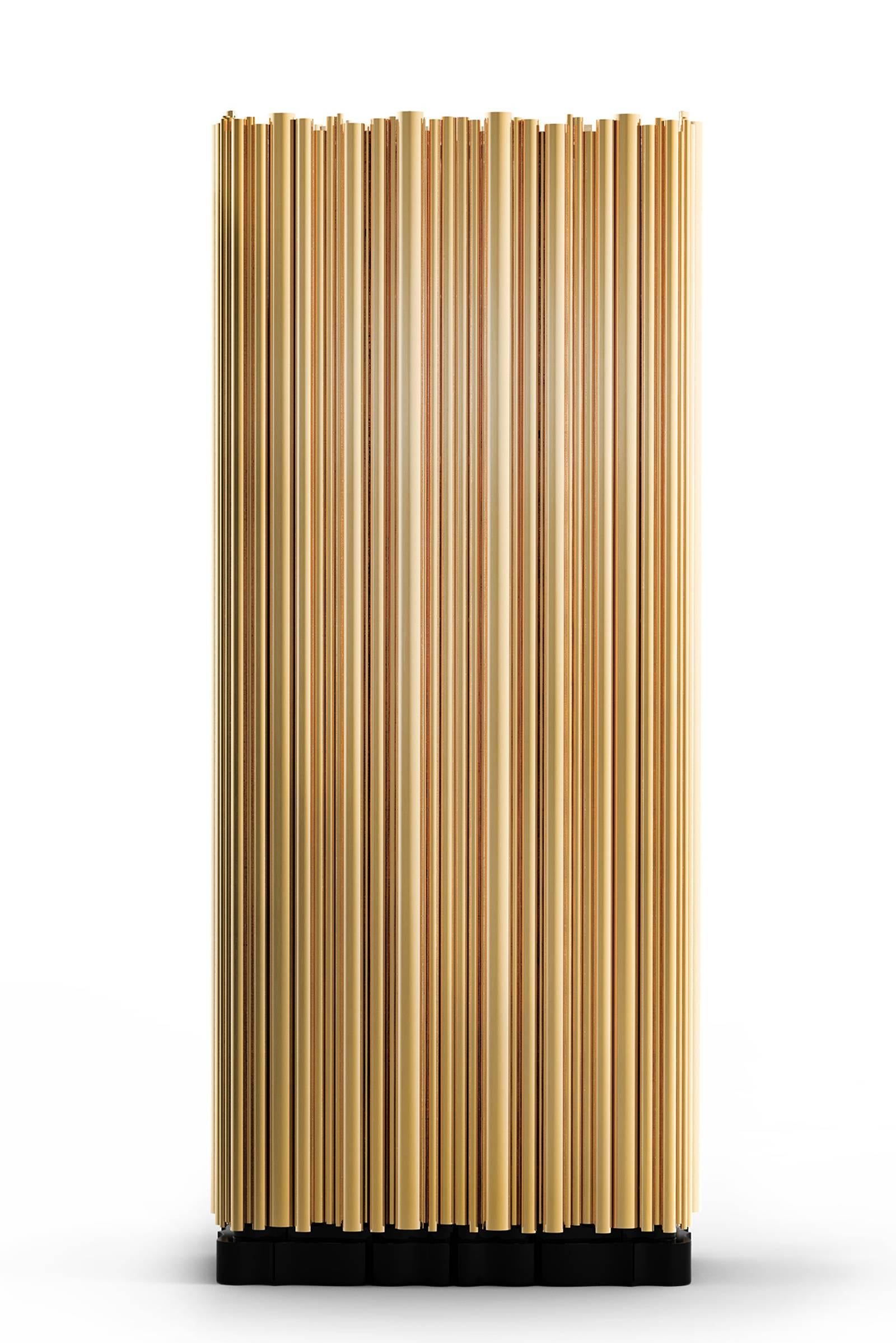 Cabinet brass tubes with polished brass tubes gold-plated 
with exotic wooden structure. With 2 glass shelves and 5 drawers.

 