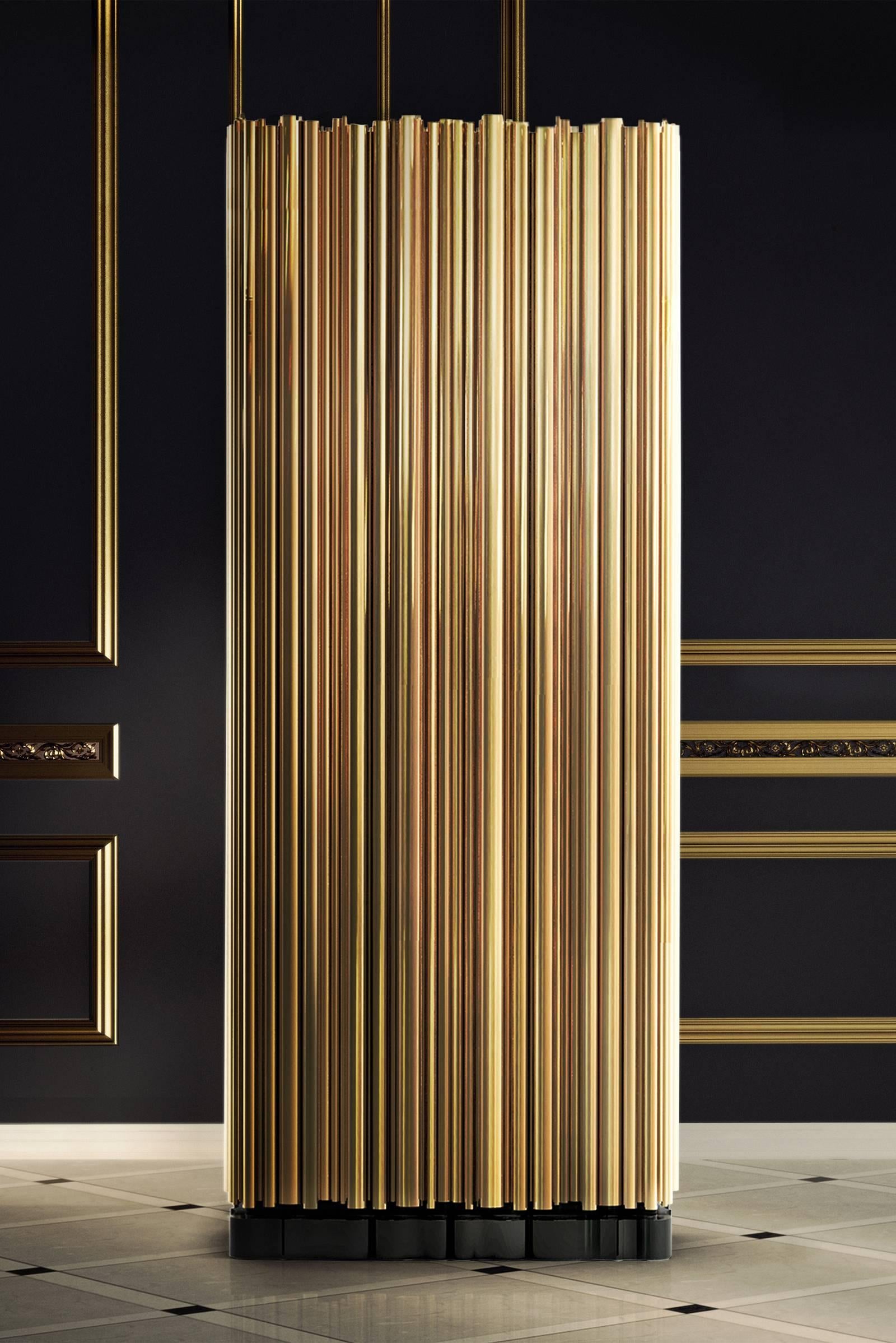 Contemporary Brass Tubes Cabinet with Polished Brass Tubes Gold-Plated For Sale