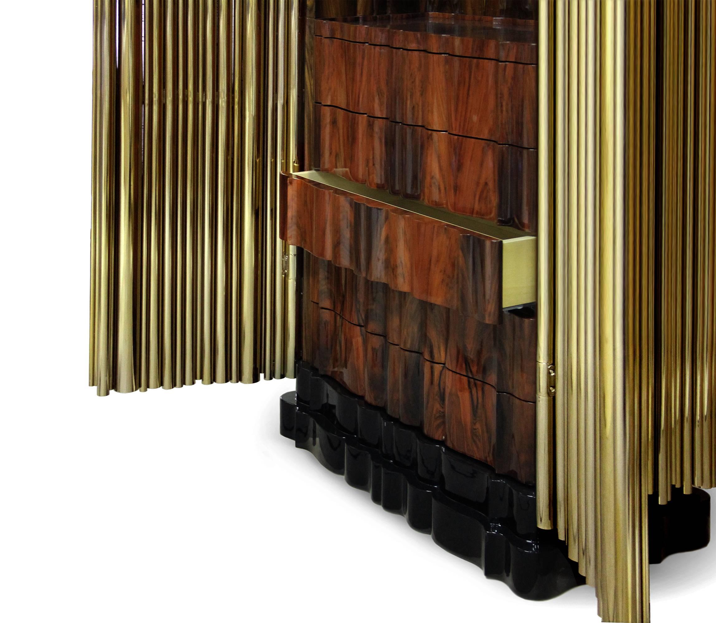Portuguese Brass Tubes Cabinet with Polished Brass Tubes Gold-Plated For Sale