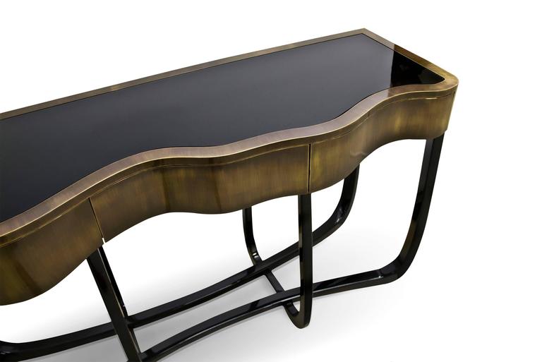 Curvy Console Table in Copper and Brass with Mahogany Legs For Sale at