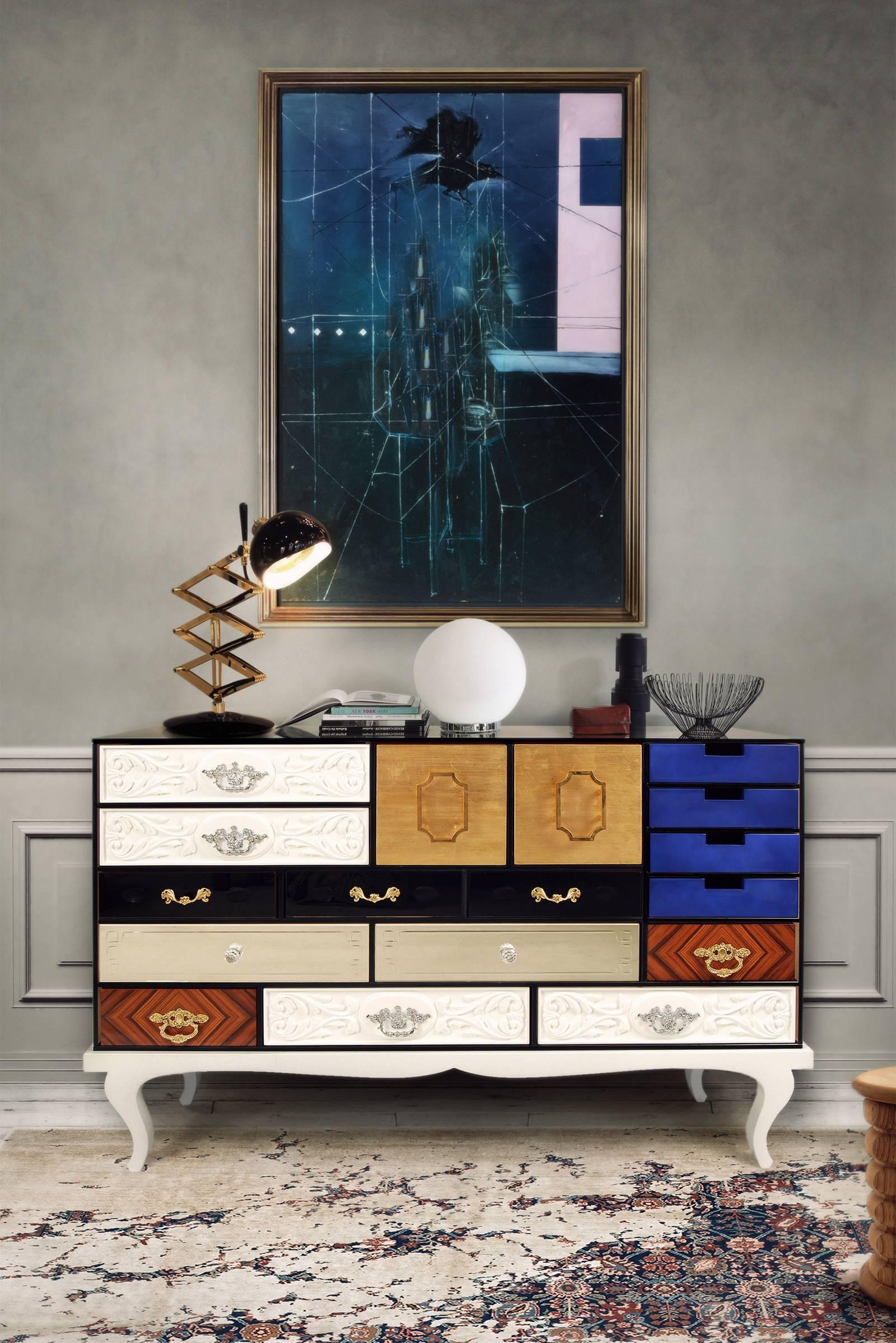 Contemporary Multi Finishes Sideboard with Wooden Base and Glass Structure For Sale