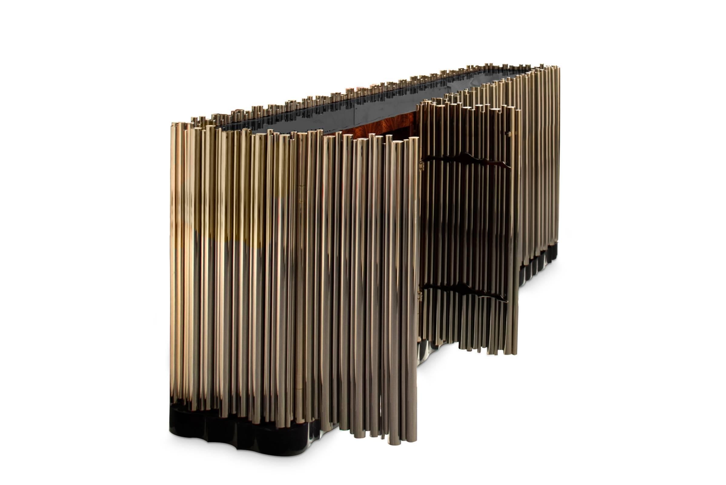 Portuguese Brass Tubes Sideboard Polished Brass Tubes and Exotic Wood For Sale