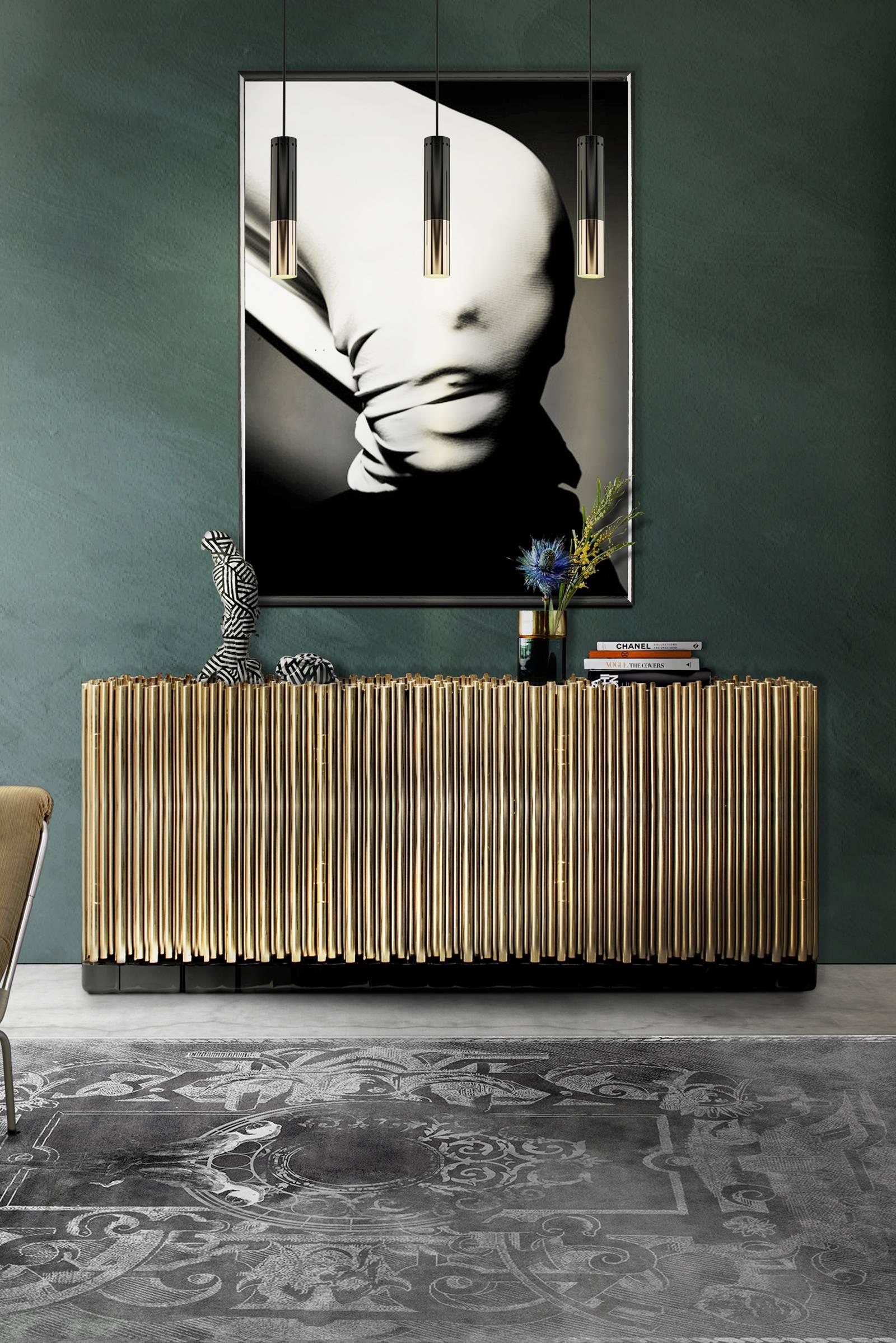 XXI secolo e contemporaneo Credenza Tubi in Ottone Tubi in Ottone Lucido e Wood Esotico in vendita