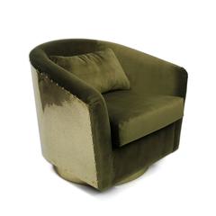 Natural Green Armchair in Velvet with High Gloss Hammered Brass Back