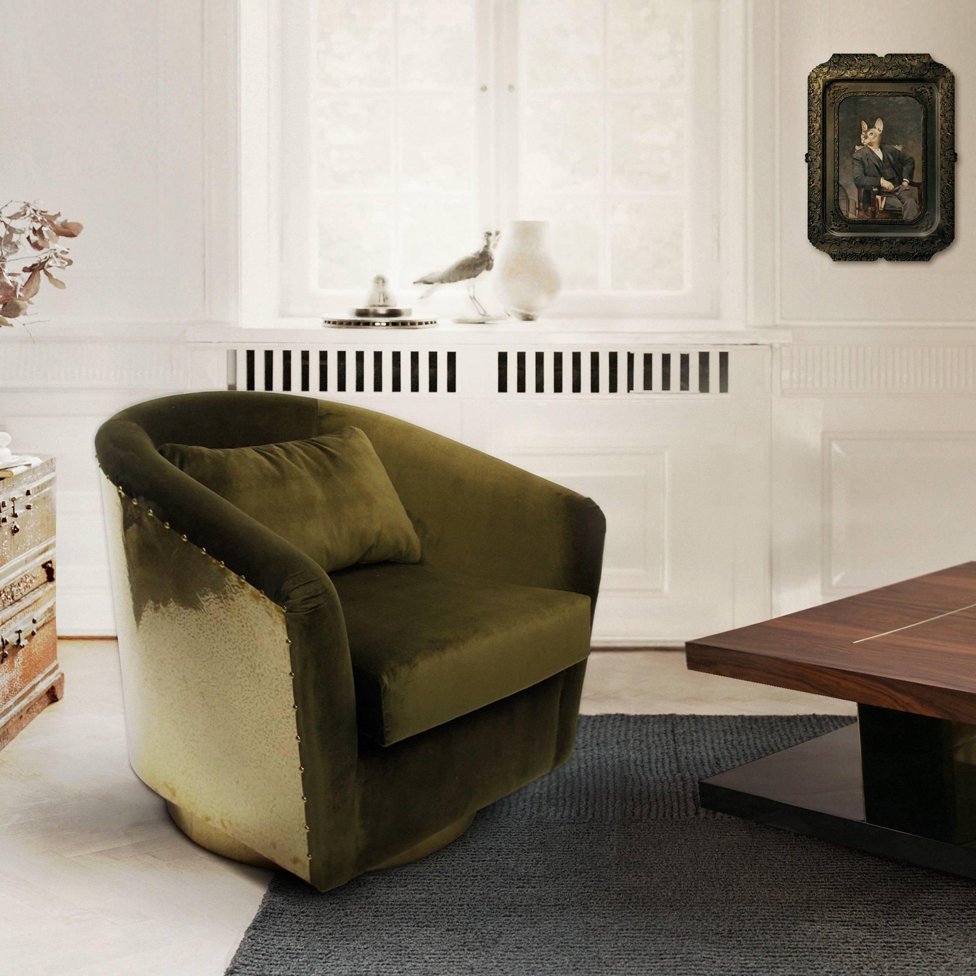 Portuguese Natural Green Armchair in Velvet with High Gloss Hammered Brass Back For Sale