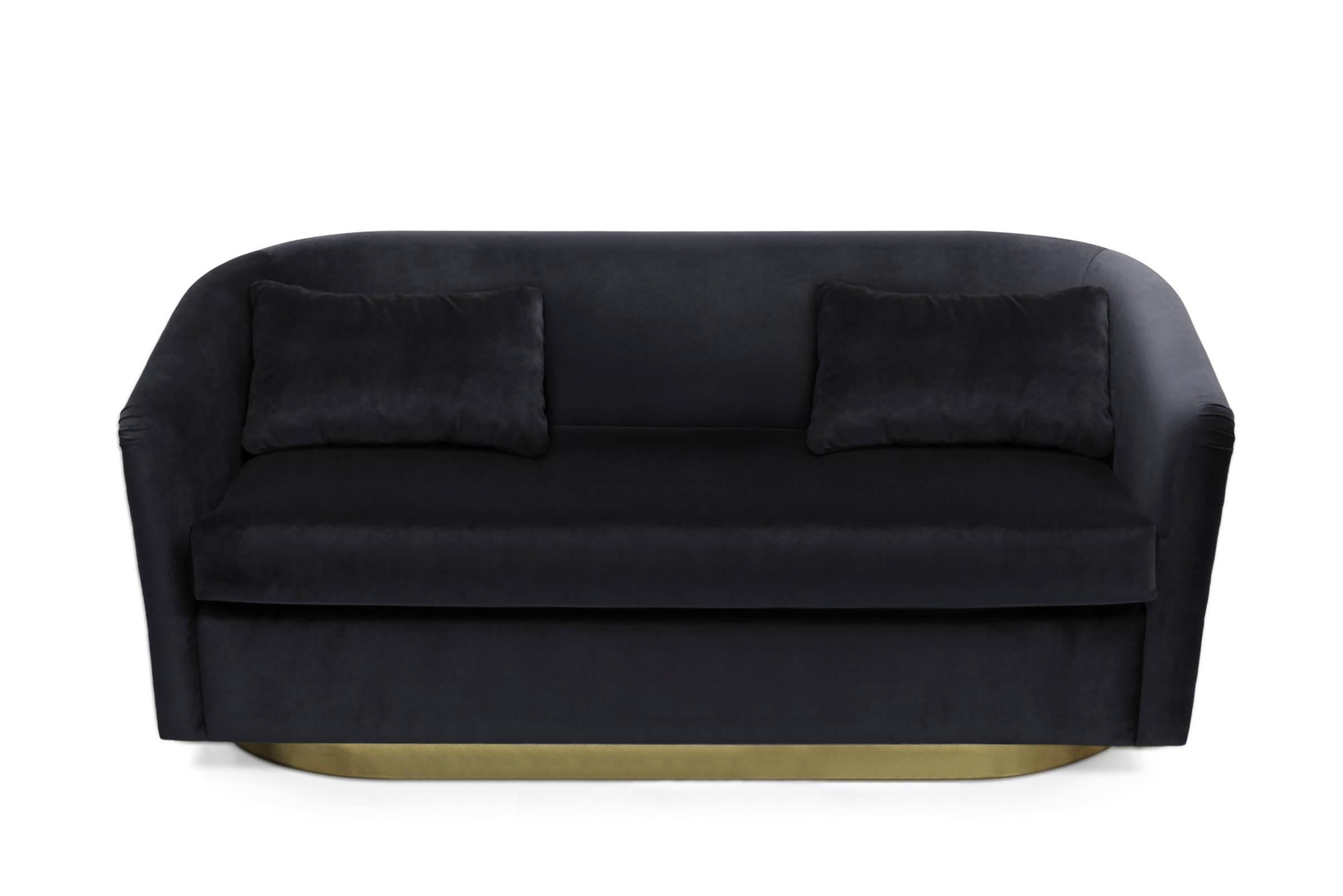 Portuguese Natural Green Sofa Two Seaters in Velvet with High Gloss Hammered Brass Back For Sale