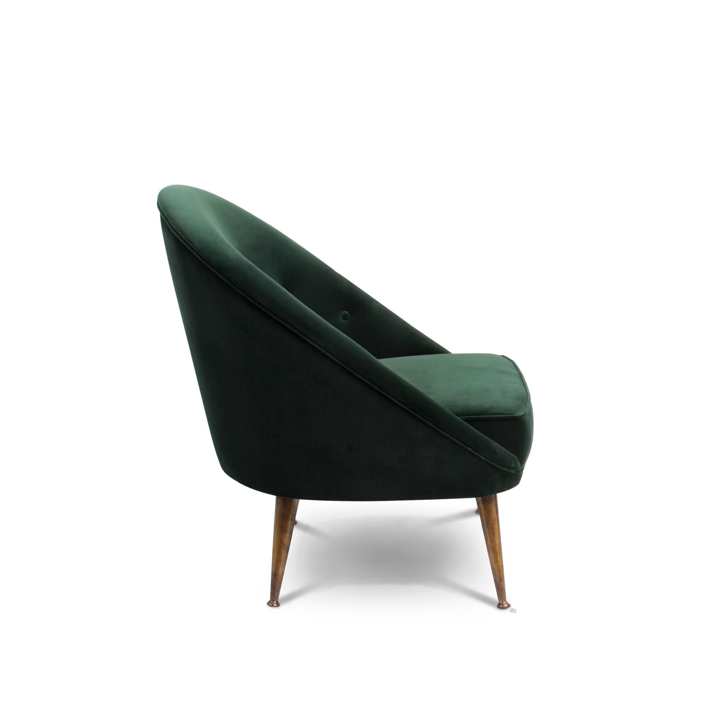 Portuguese Smart Armchair in Green Cotton Velvet with Aged Brass Feet For Sale
