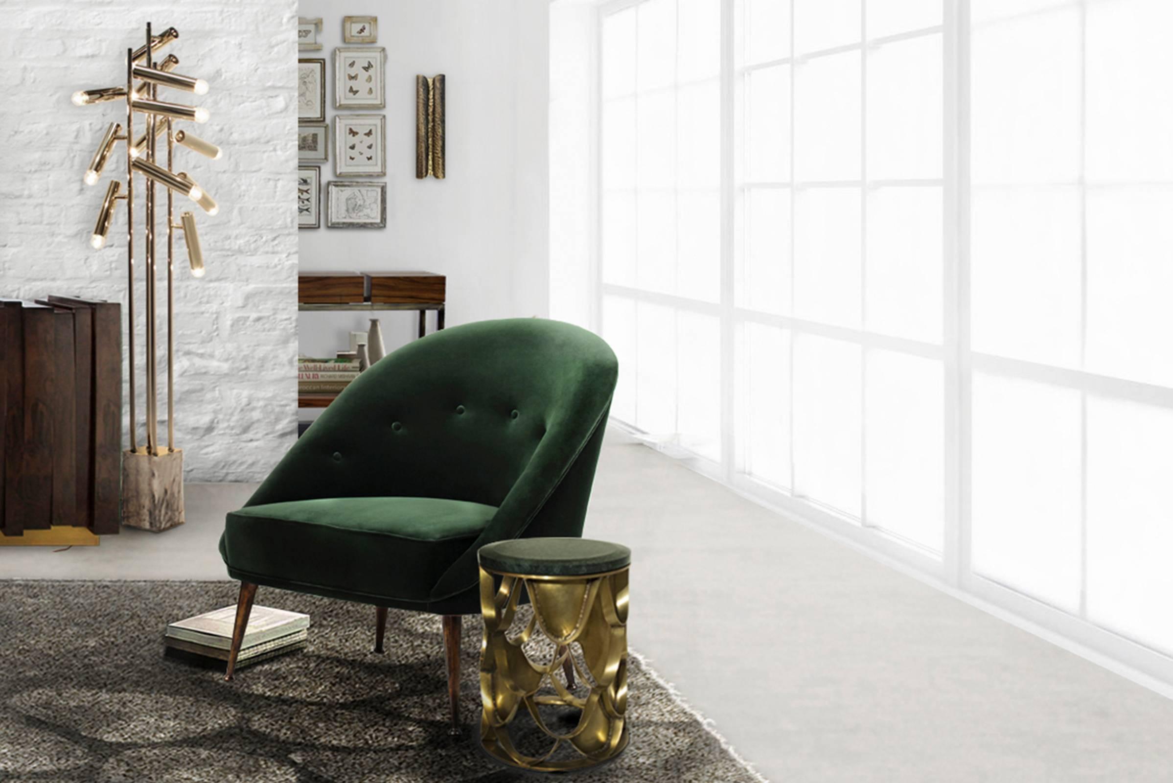 Contemporary Smart Armchair in Green Cotton Velvet with Aged Brass Feet For Sale
