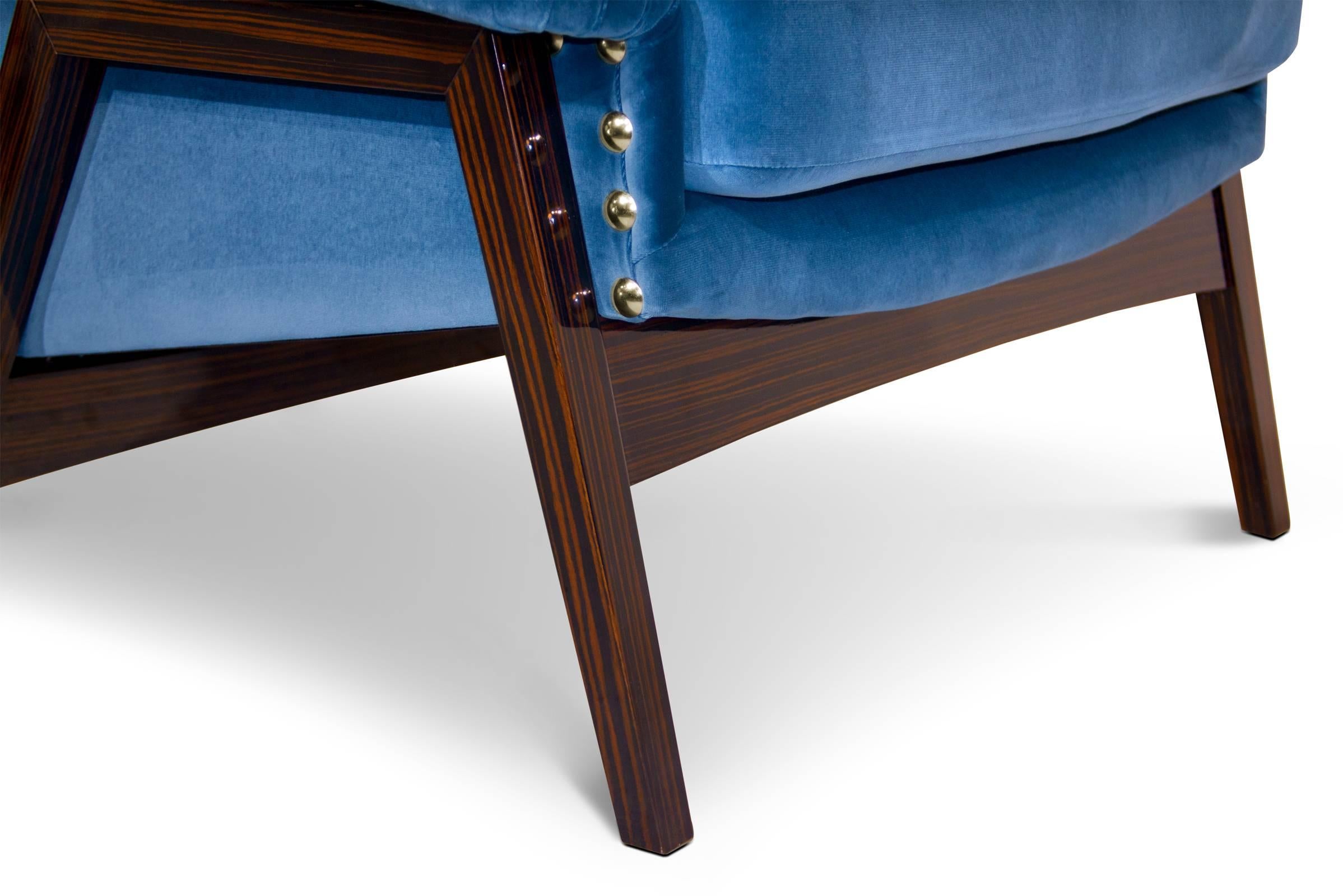 Hand-Crafted Prima Armchair in Blue Cotton Velvet Ebony Wood Feet For Sale