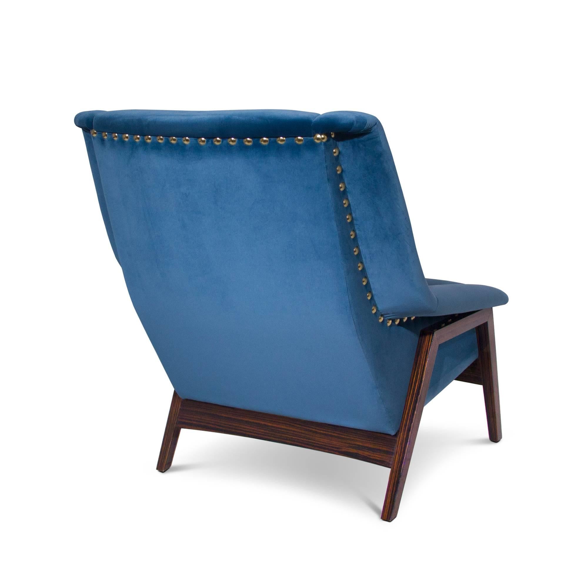 Portuguese Prima Armchair in Blue Cotton Velvet Ebony Wood Feet For Sale
