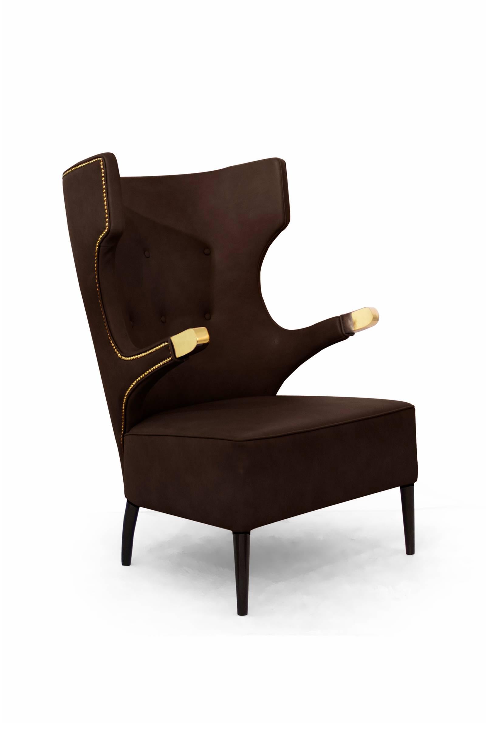 Contemporary Golded Touch Armchair with Golden Polished Details And Synthetic Leather For Sale