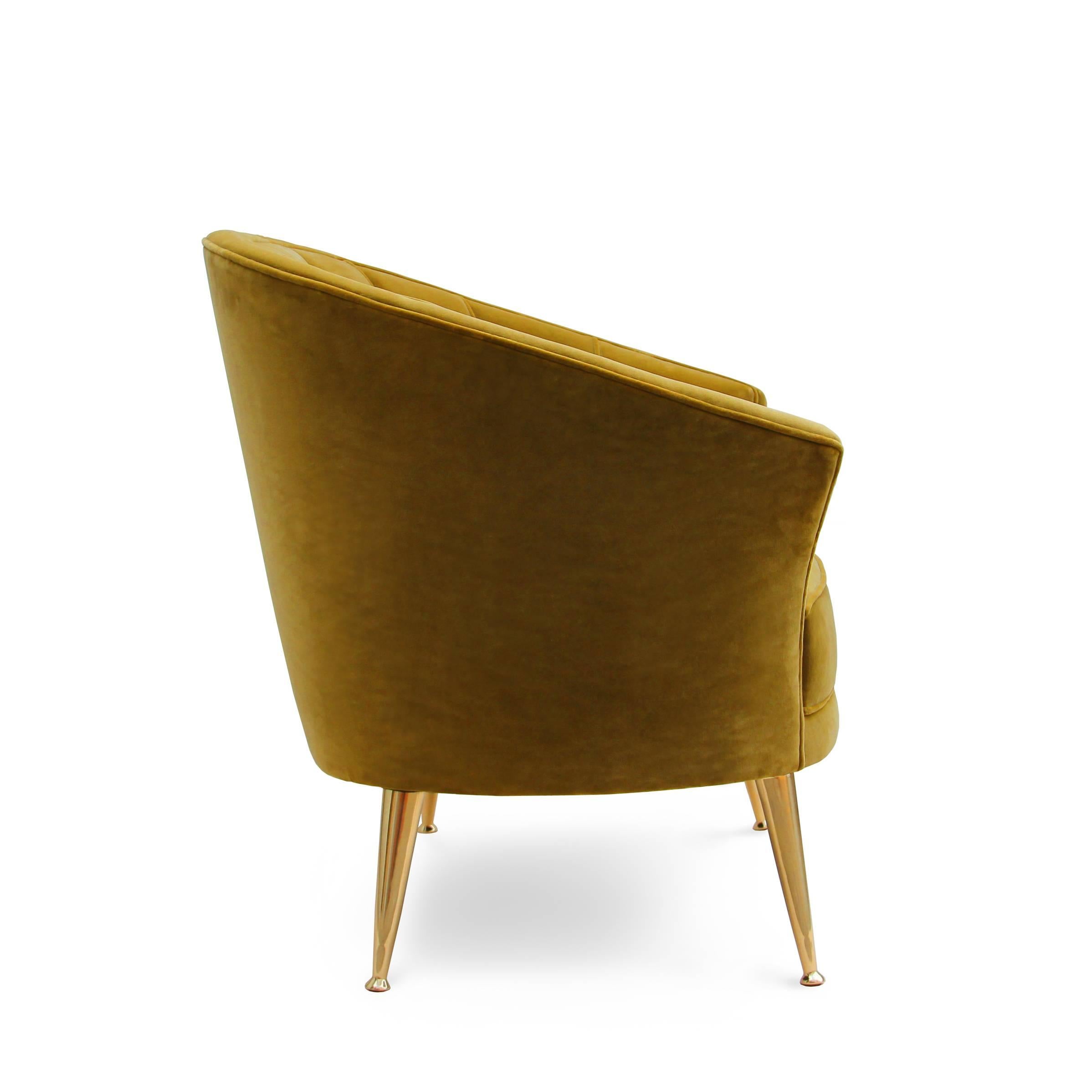 Portuguese Arca Armchair in Cotton Velvet with Brass Feet For Sale