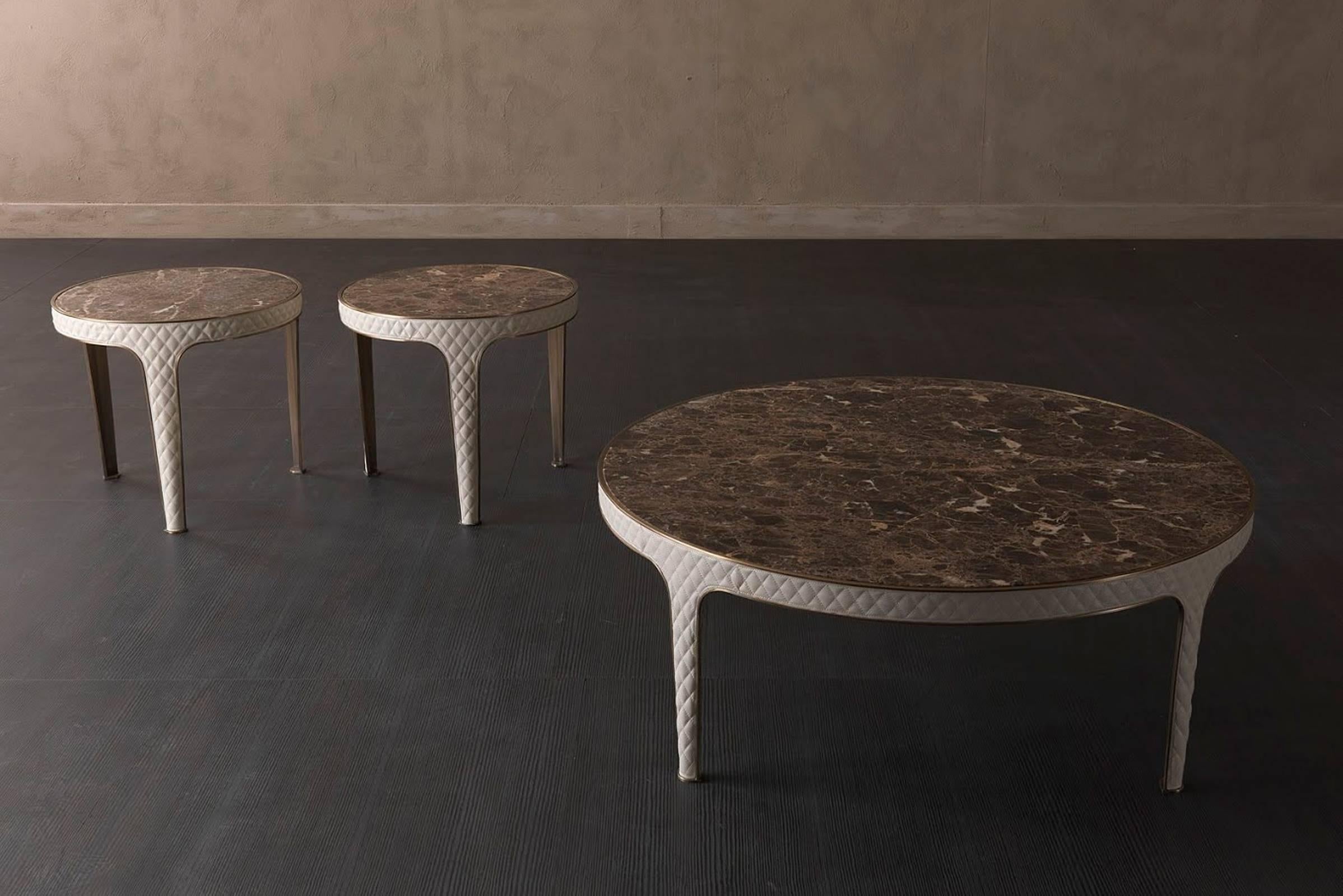 Shadow Round Coffee Table Steel and Leather Base with Marbel Top In Excellent Condition For Sale In Paris, FR