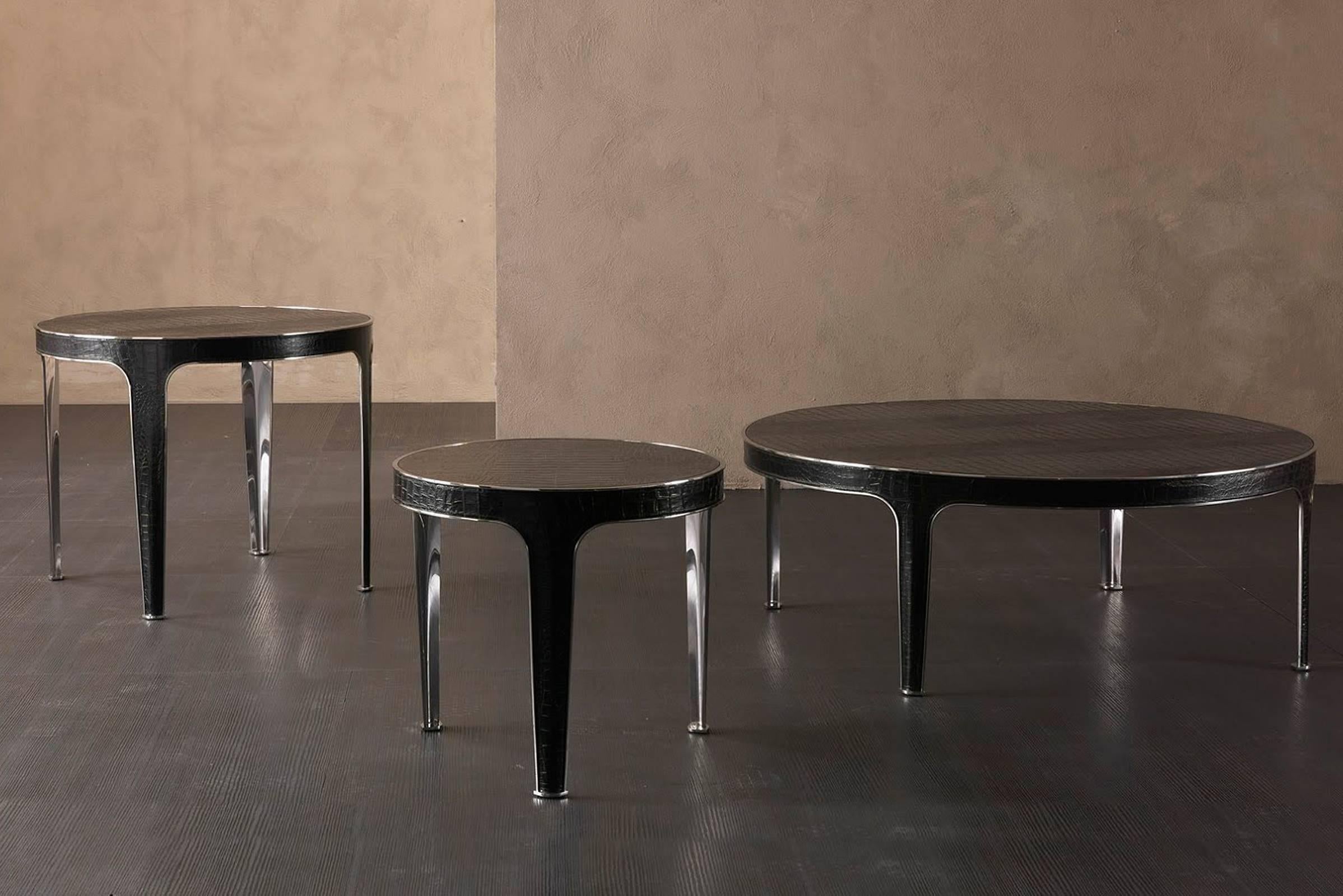 Italian Shadow Round Coffee Table Steel and Leather Base with Marbel Top For Sale