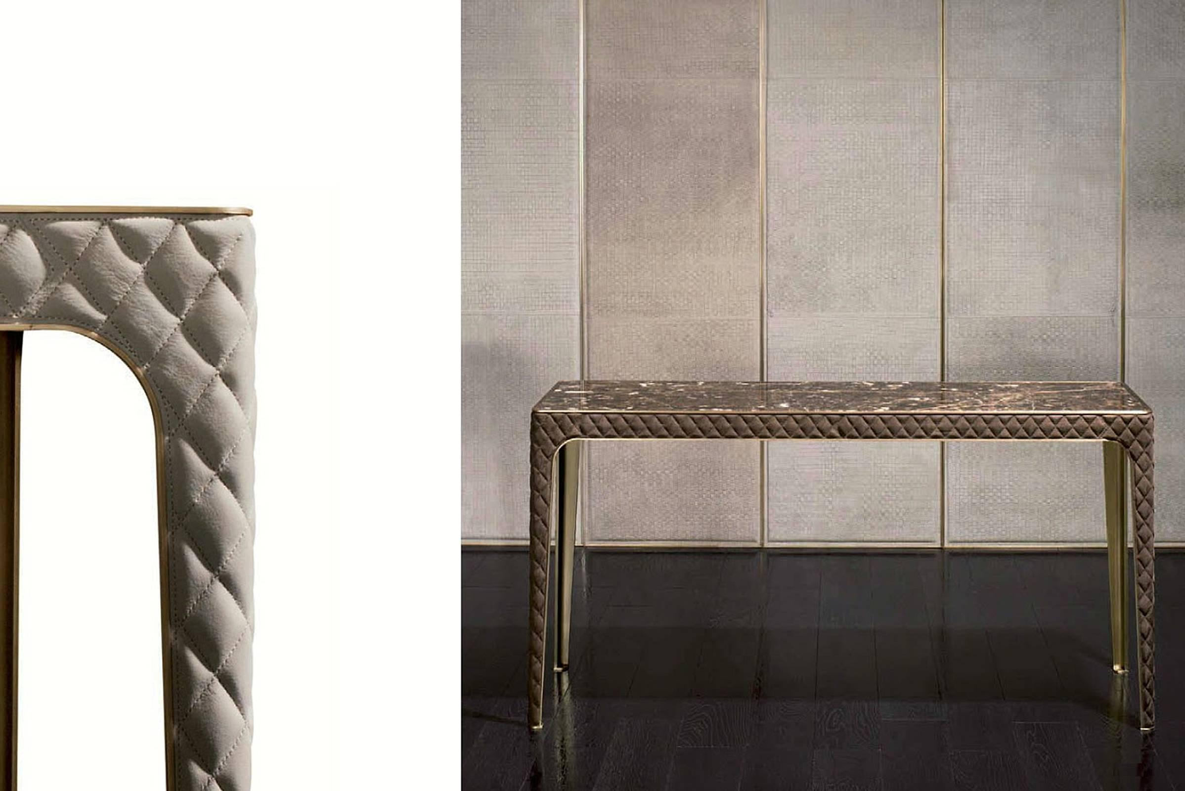 Contemporary Shadow Console in Leather with Steel Legs Marble Top For Sale