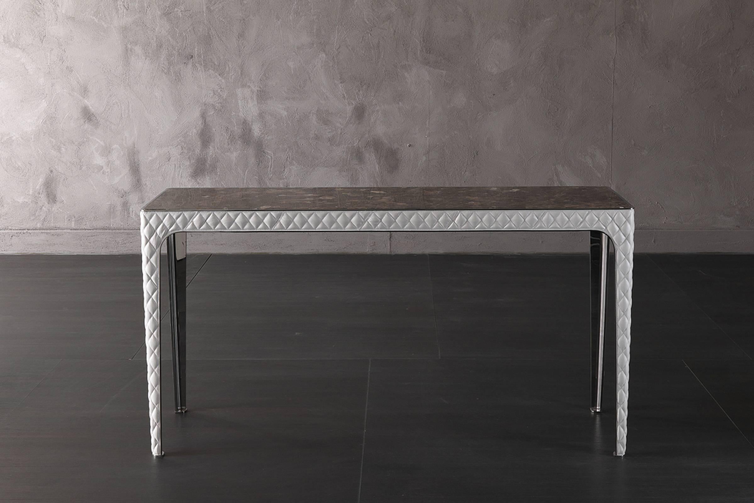 Hand-Crafted Shadow Console in Leather with Steel Legs Marble Top For Sale