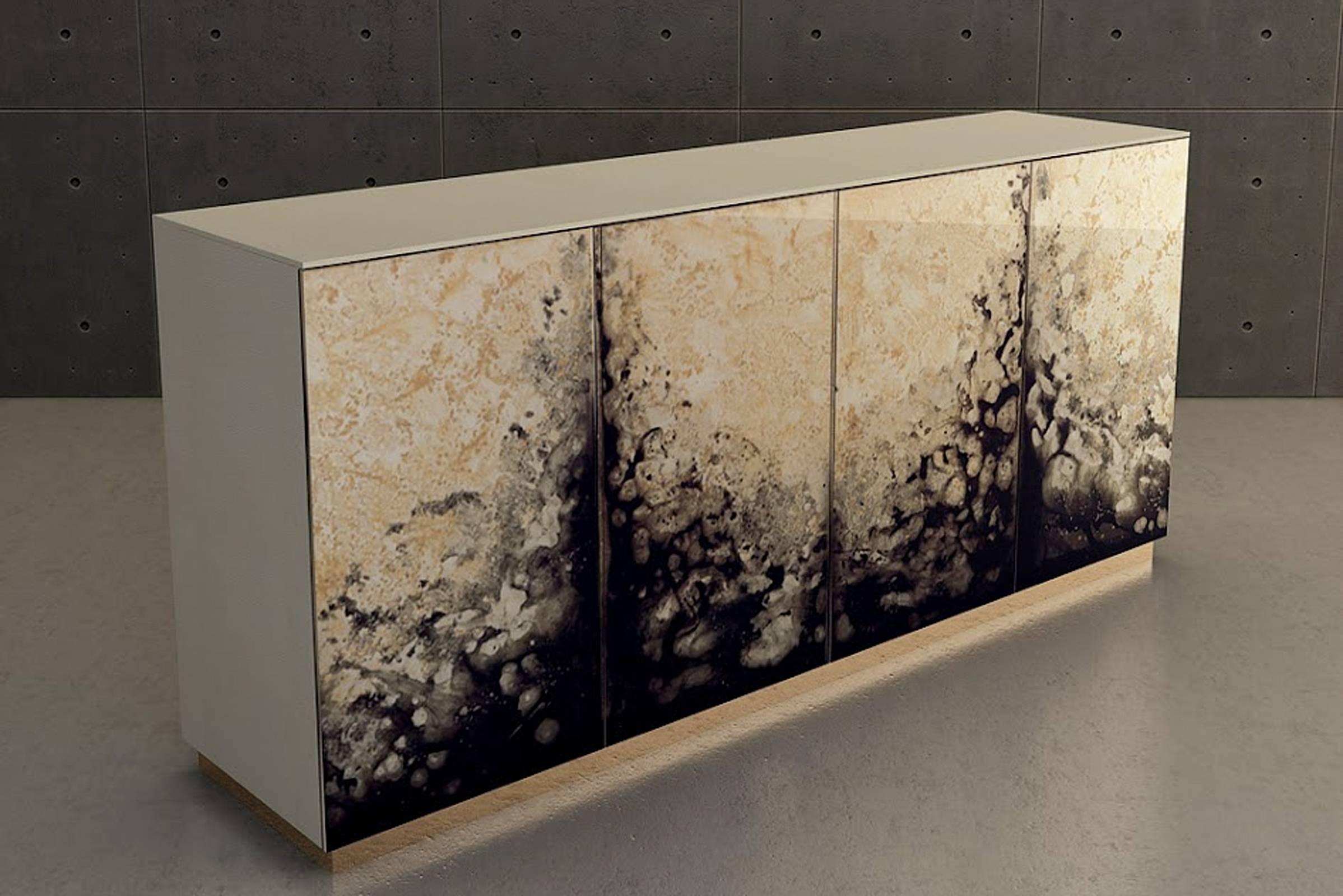 Contemporary Fusion Sideboard Polished Lacquered and Leather Top For Sale