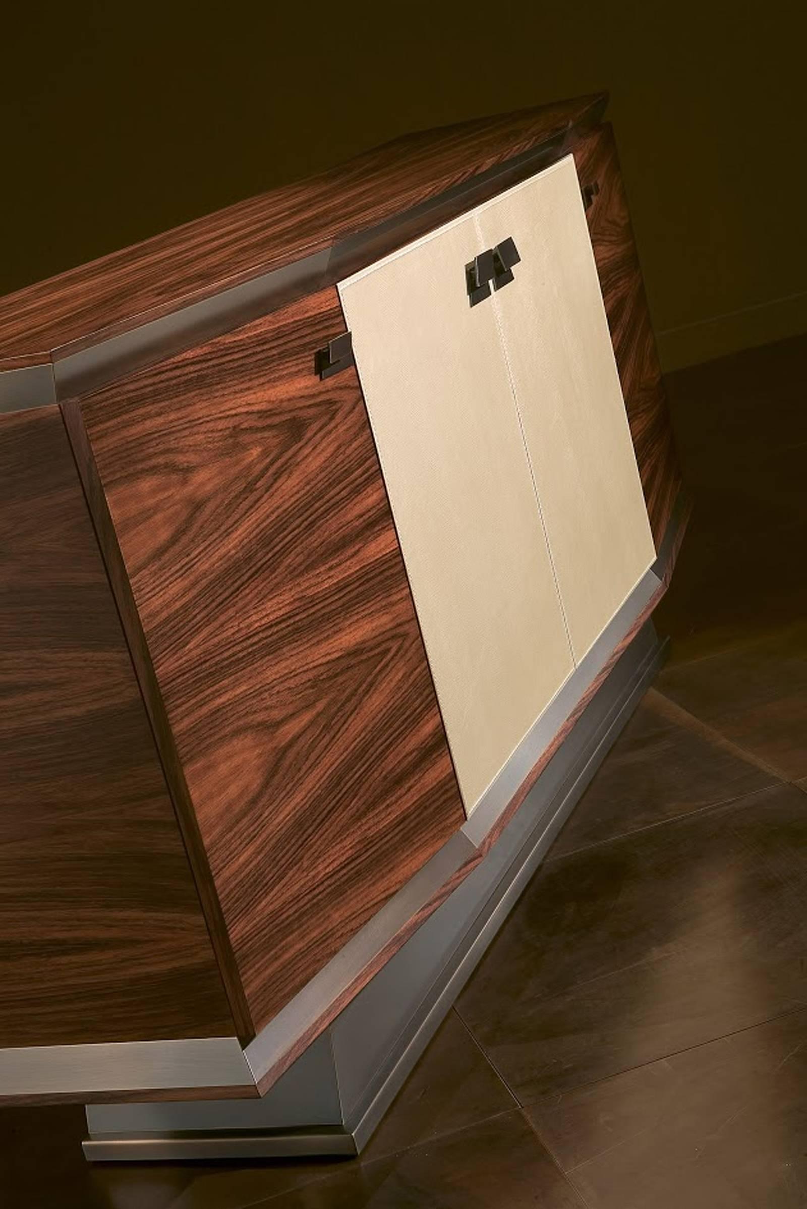 Italian Virginia Sideboard in Brushed Steel Rosewood and Leather Doors For Sale