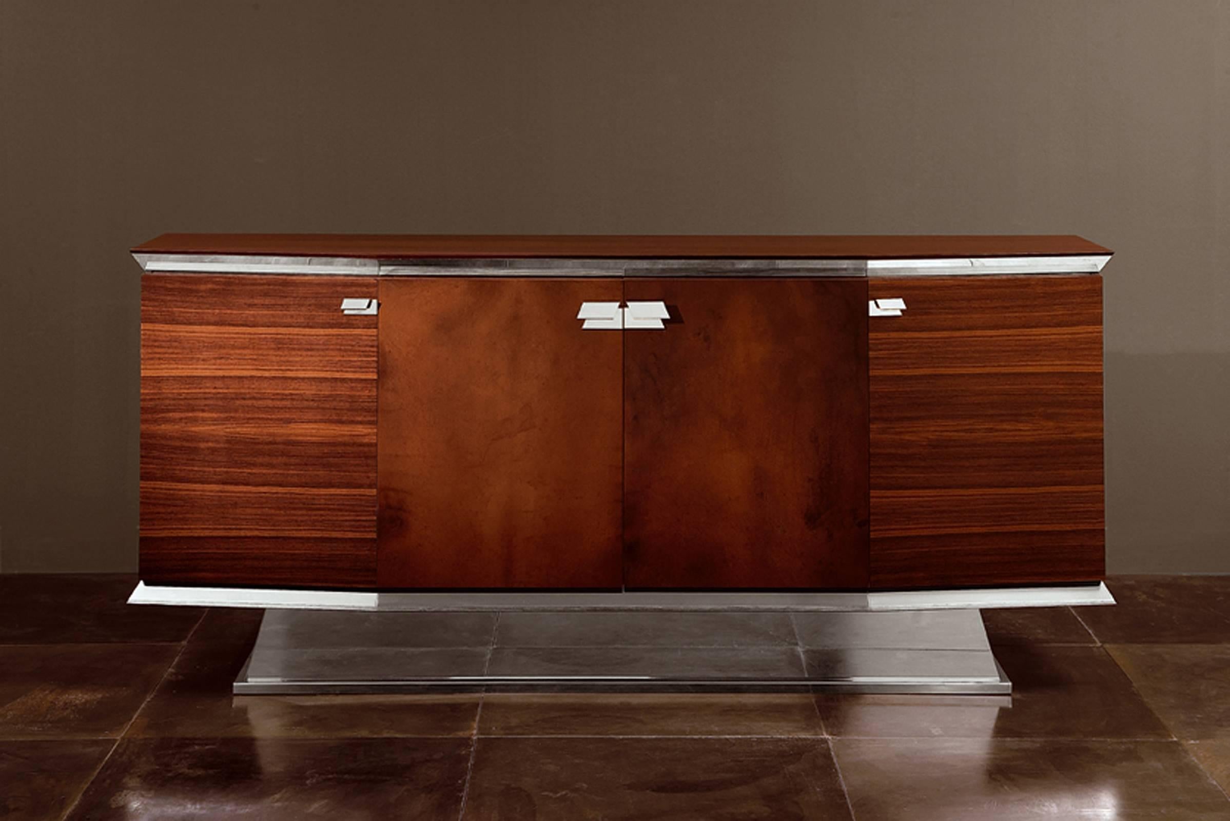 Virginia Sideboard in Brushed Steel Rosewood and Leather Doors In Excellent Condition For Sale In Paris, FR