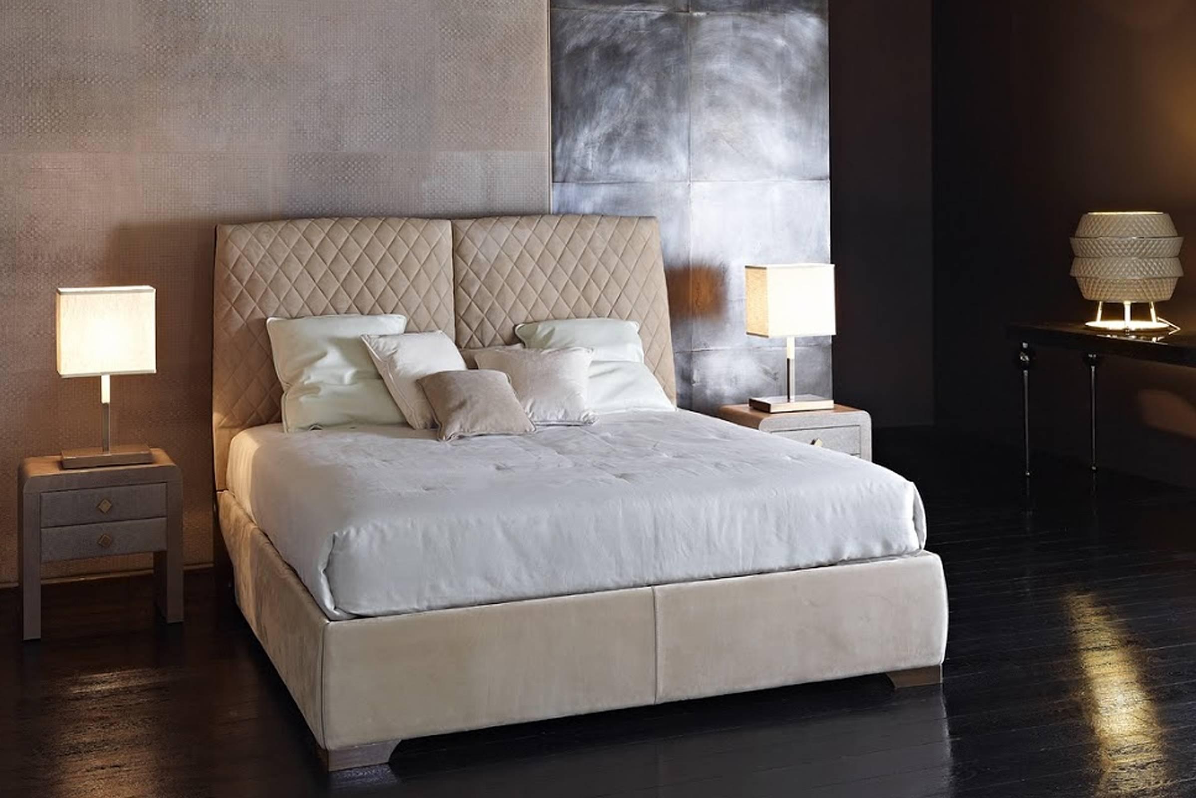 Hand-Crafted Premium Bed with Smooth Leather and Matlassé Upholstery Headboard