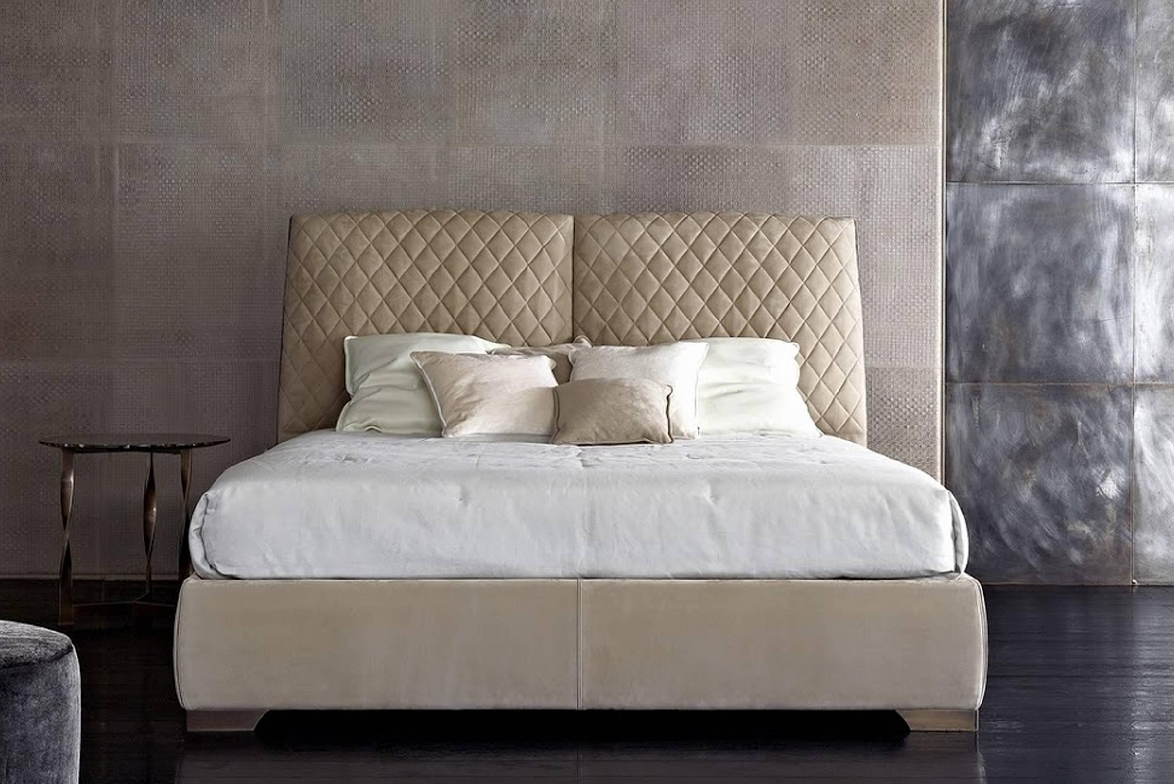Contemporary Premium Bed with Smooth Leather and Matlassé Upholstery Headboard