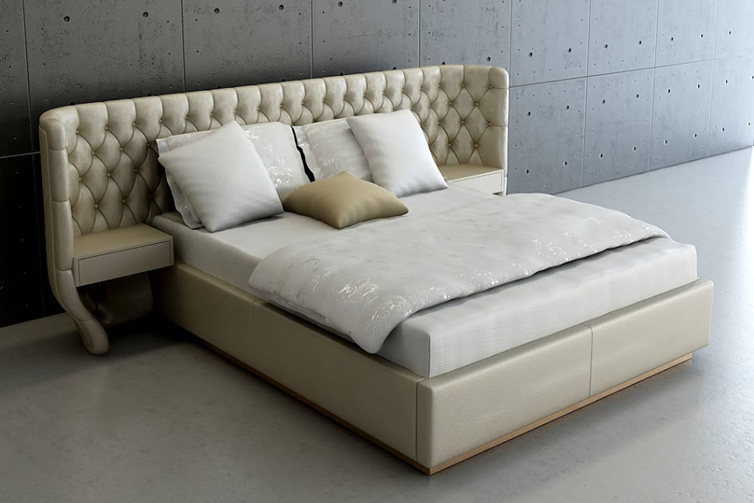 Contemporary Agra Bed in Fabric and Headboard with Fabric Matelasse