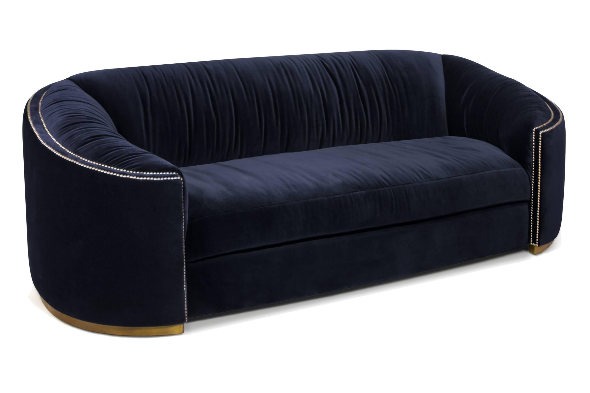 Hand-Crafted Kingdom Sofa with Velvet Fabric Aged Brass Base and Golded Nails For Sale