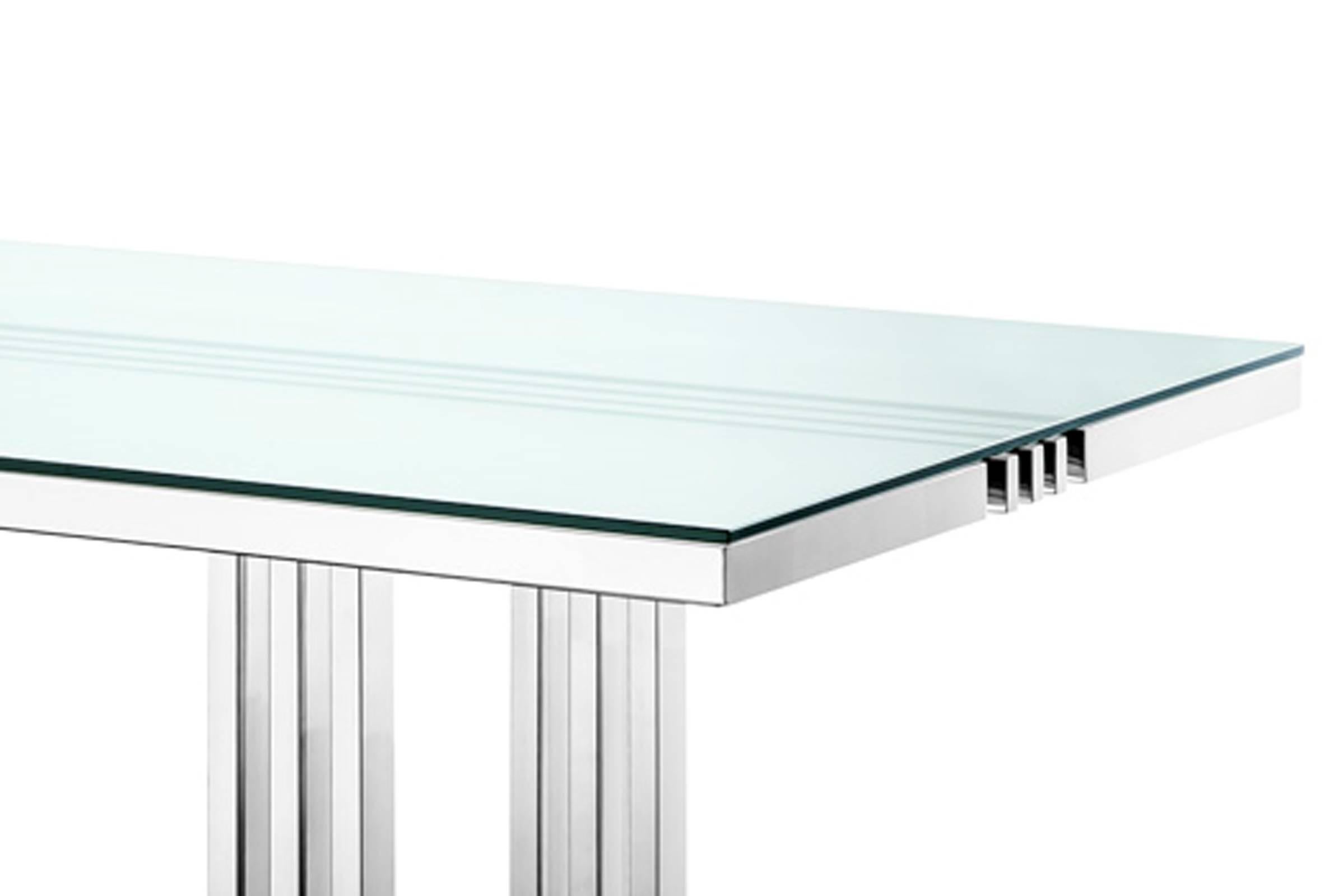 Modern Giuseppe Dining Table Polished Stainless Steel and Clear Glass Top
