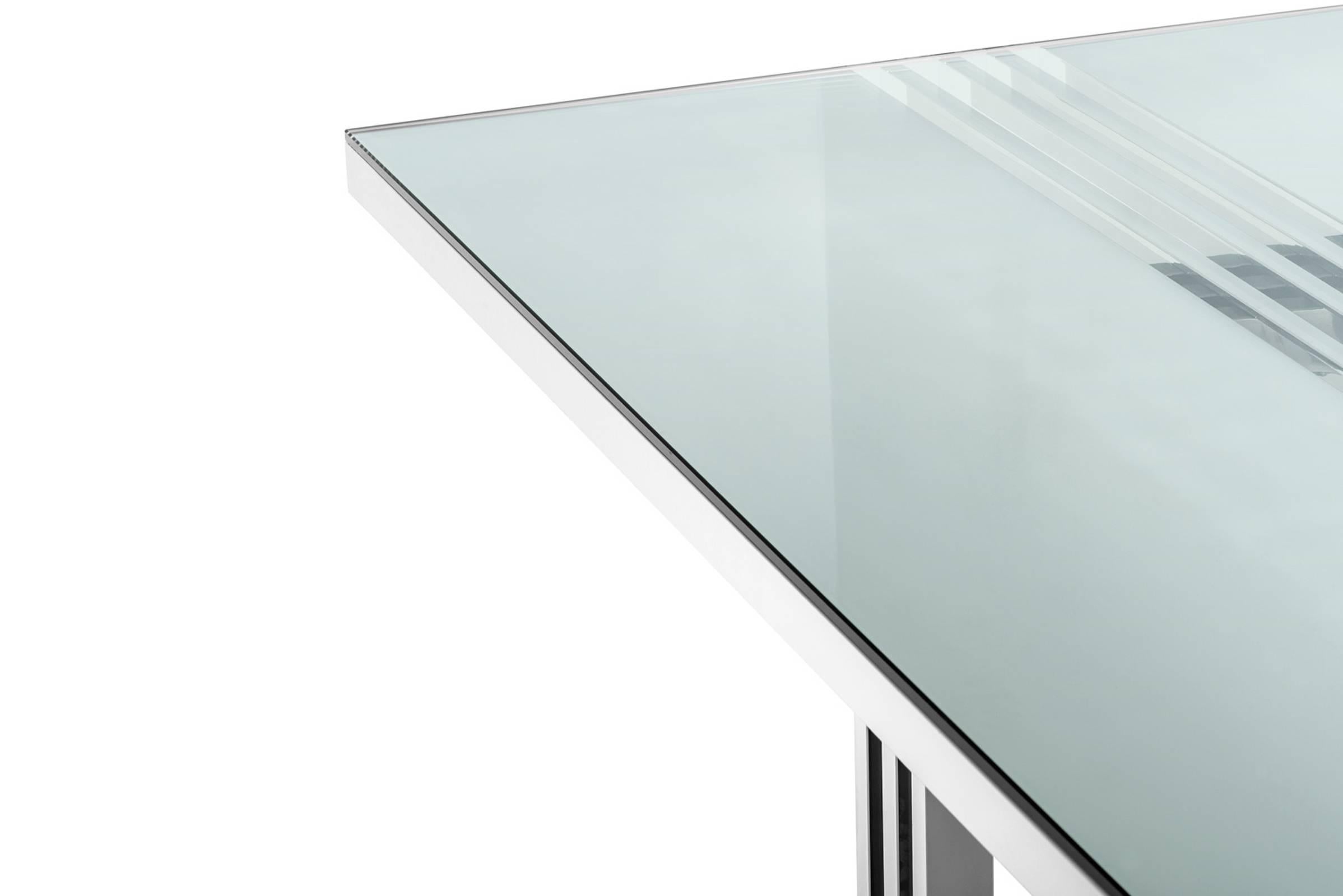 Dutch Giuseppe Dining Table Polished Stainless Steel and Clear Glass Top