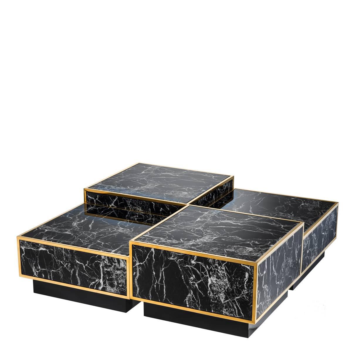 Set of four coffee table Floors
Measures: Two tables: 65 x 65 x H 32.
Two tables: 65 x 65 x H 40 cm.
Gold finish structure with black resin marble.

