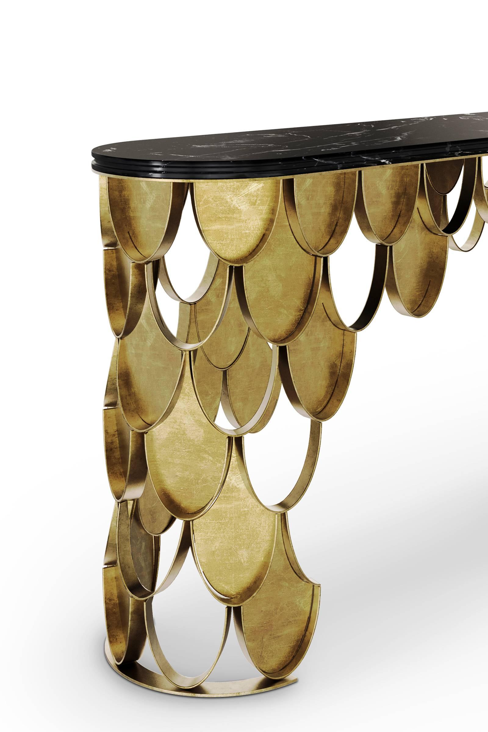 Portuguese Carpus Console in Brushed Aged Brass with Nero Marble Top For Sale