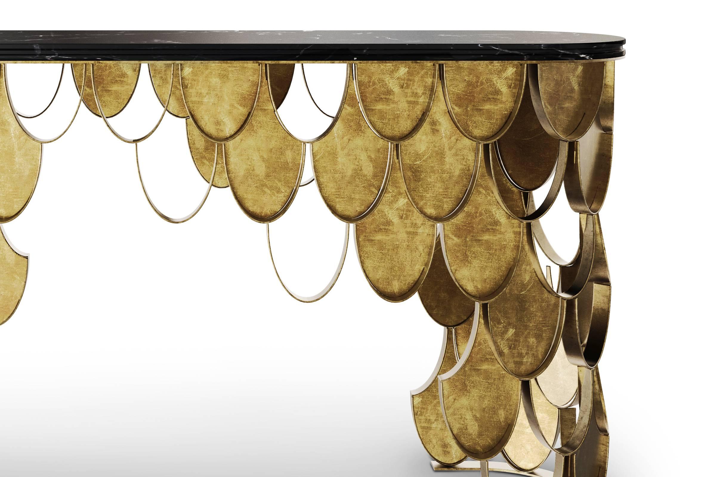 Contemporary Carpus Console in Brushed Aged Brass with Nero Marble Top For Sale