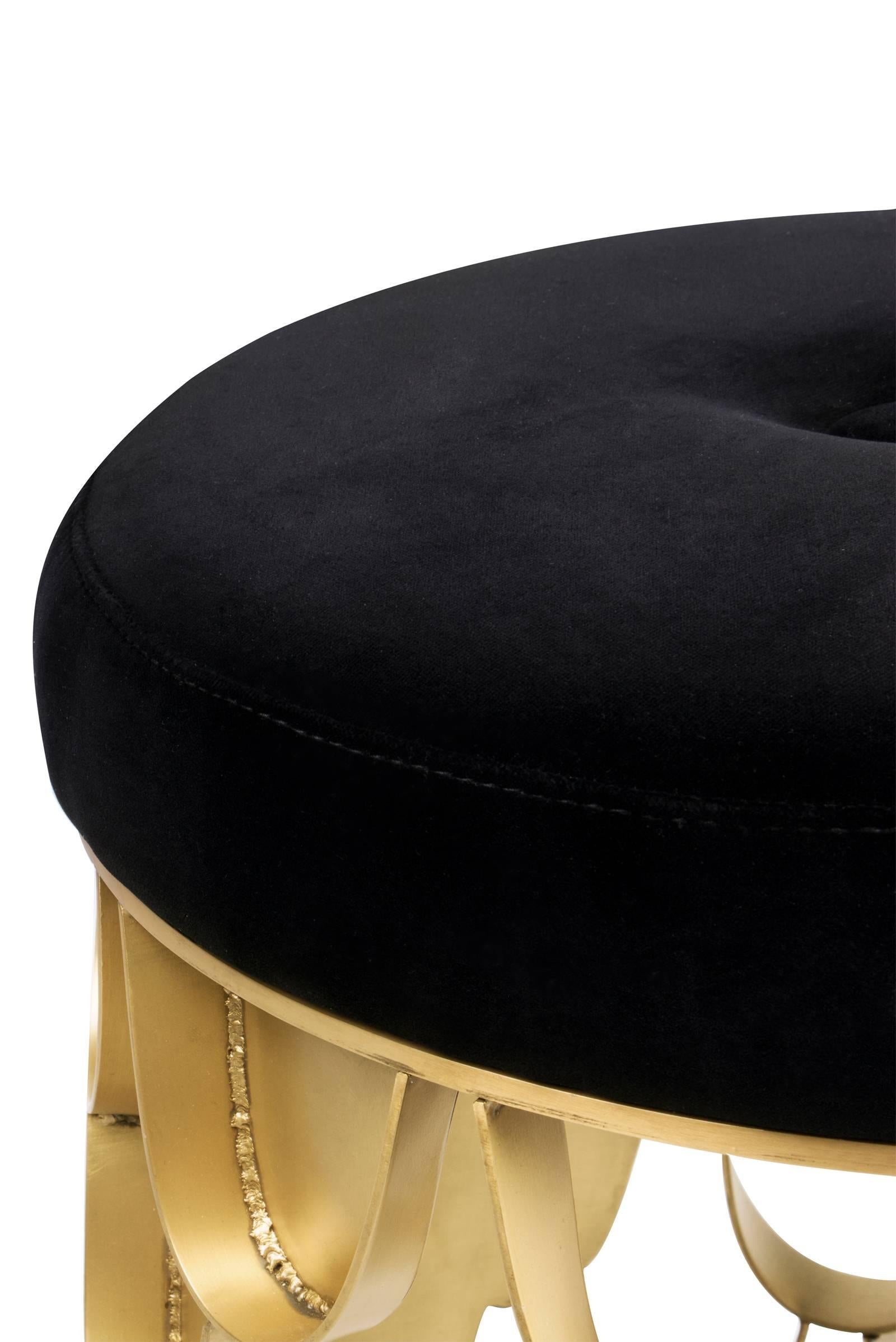 Carpus Stool in Brushed Aged Brass Base and Seat in Velvet Fabric For Sale 1