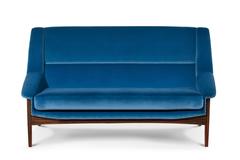 Prima Sofa Two Seater in Blue Cotton Velvet and Ebony Wood Veneer