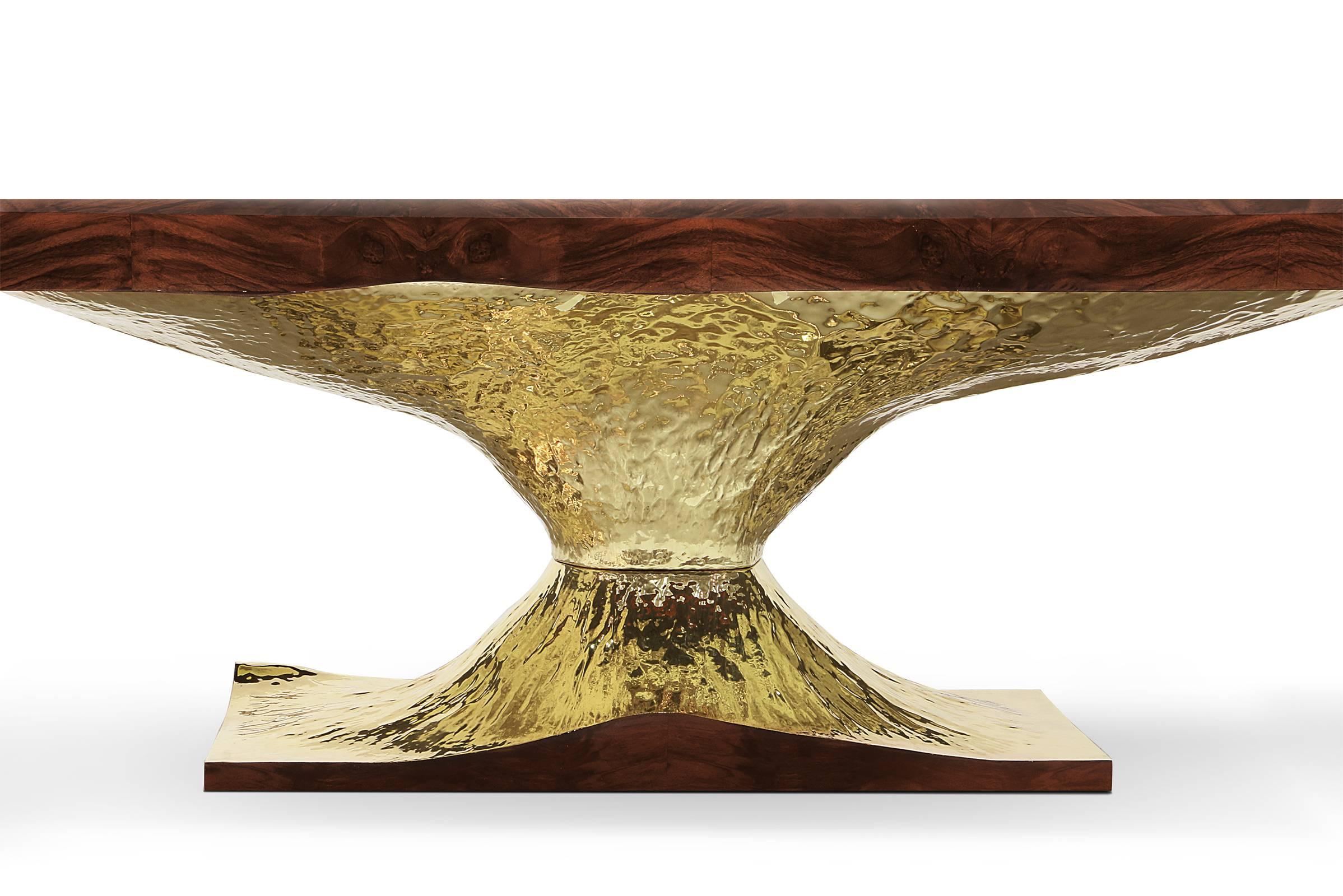 Portuguese Gold Tree Dining Table with Walnut Root Top Polished Brass Base