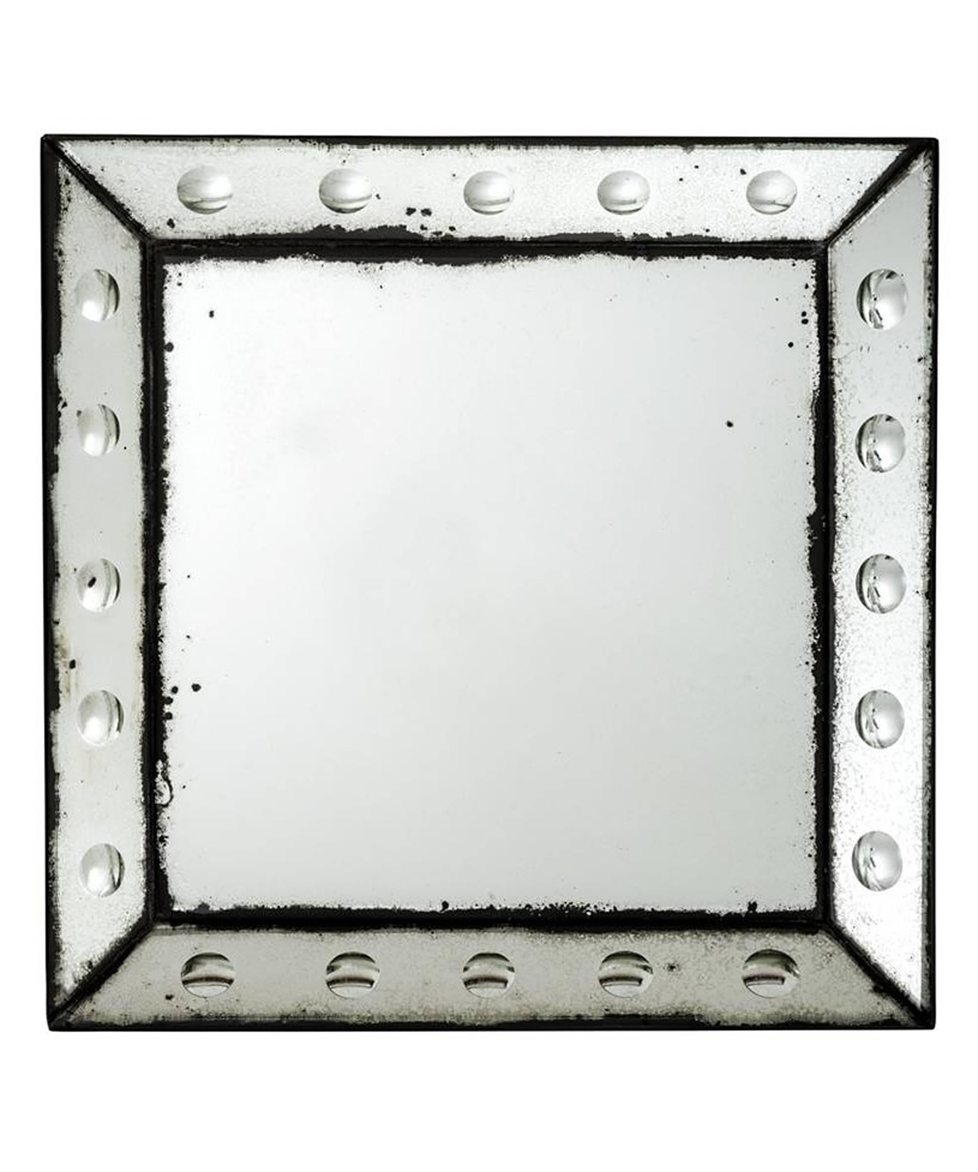 Mirror Valencia square in antique mirror 
glass finish with small round convex mirror
around frame.
Pacific compagnie collection.