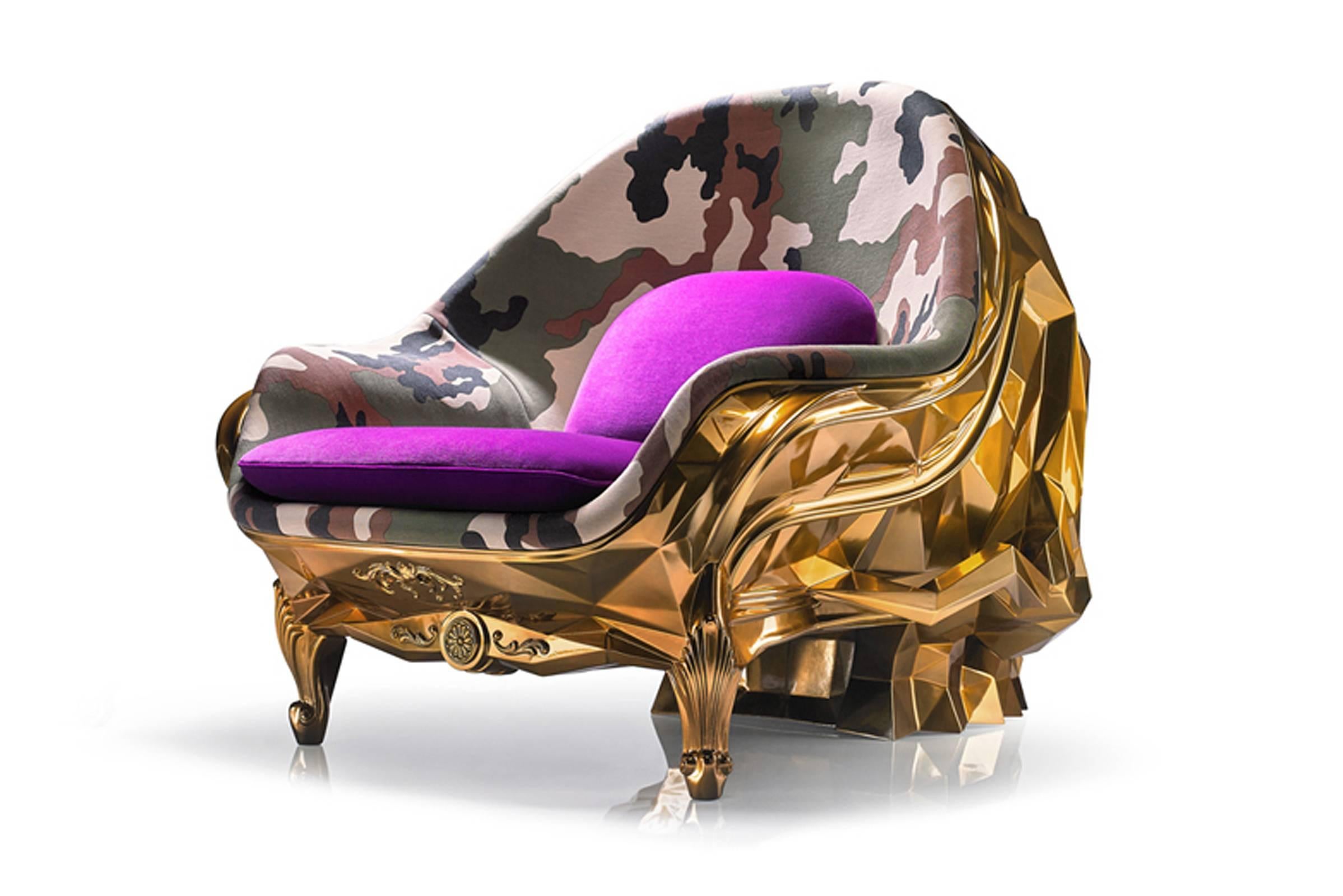 Steel Skull Armchair Faceted Handcrafted with Black Velvet Seat For Sale