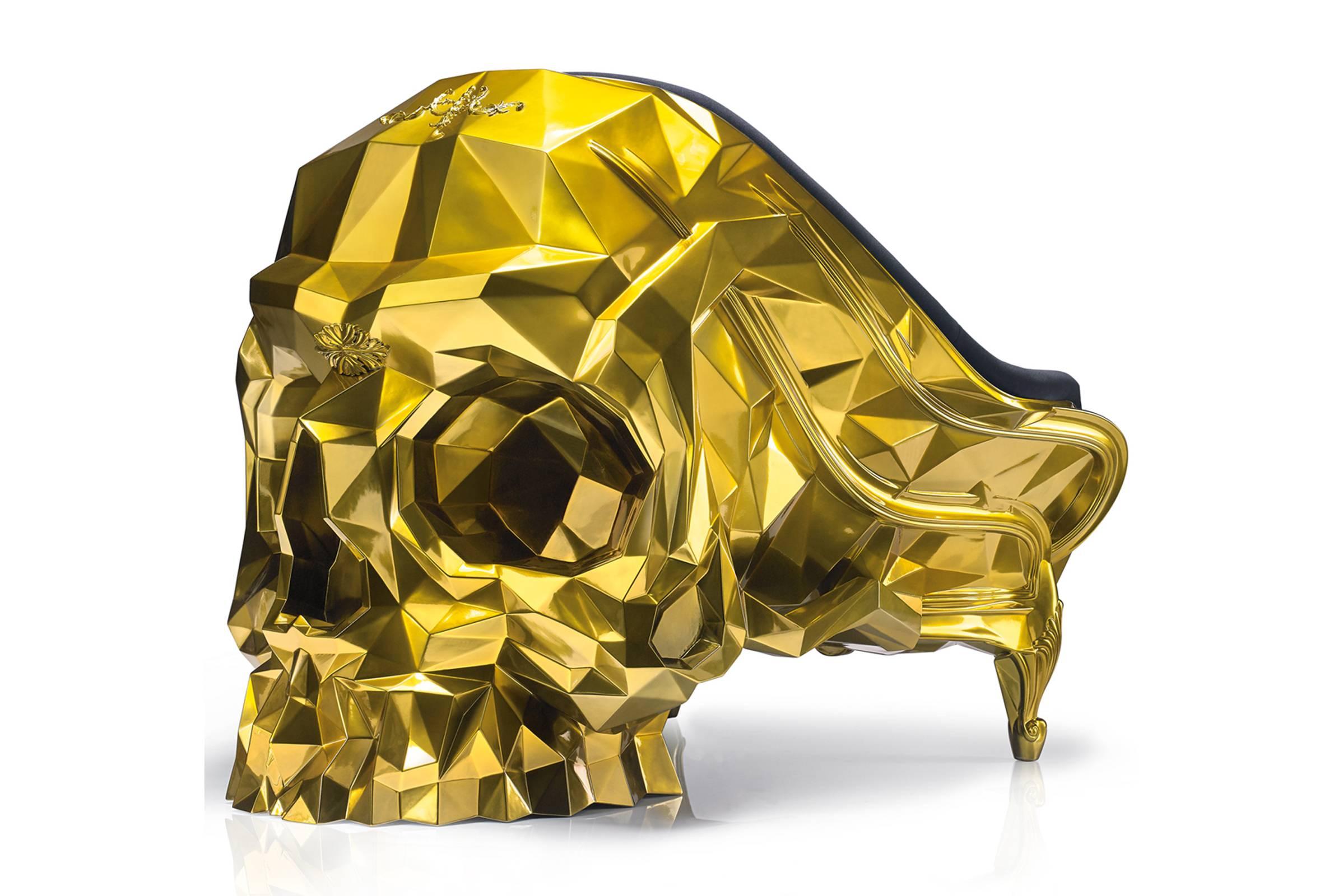 Hand-Crafted Skull Armchair Faceted Handcrafted with Black Velvet Seat For Sale