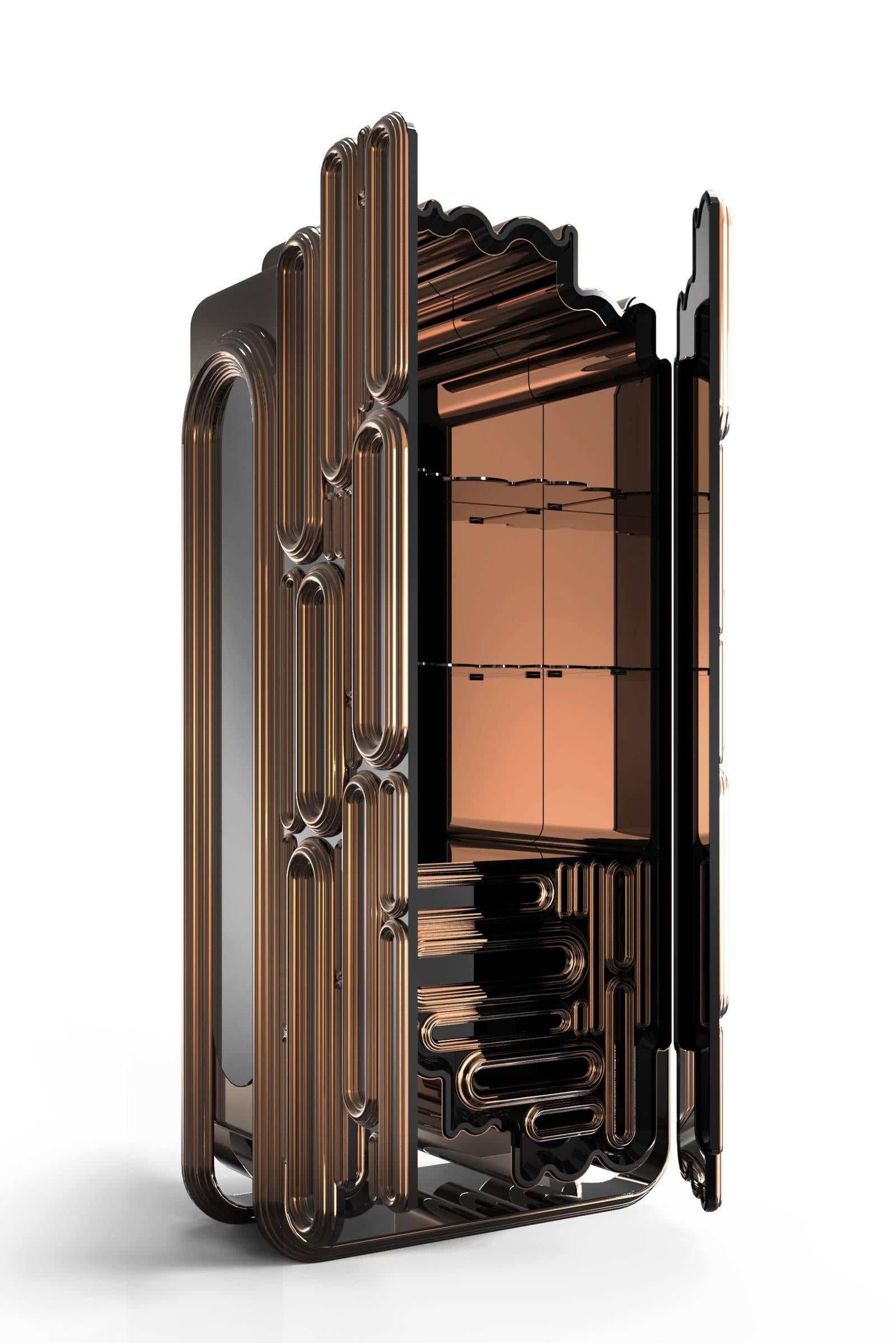 Cabinet Blocks Copper with wooden structure. Each part
covered by metallic elements in copper finish. Handcrafted in
black and copper high gloss varnish finish. Mirror inside.
Joinery, lacquering, varnishing techniques.
Exceptional piece.


 