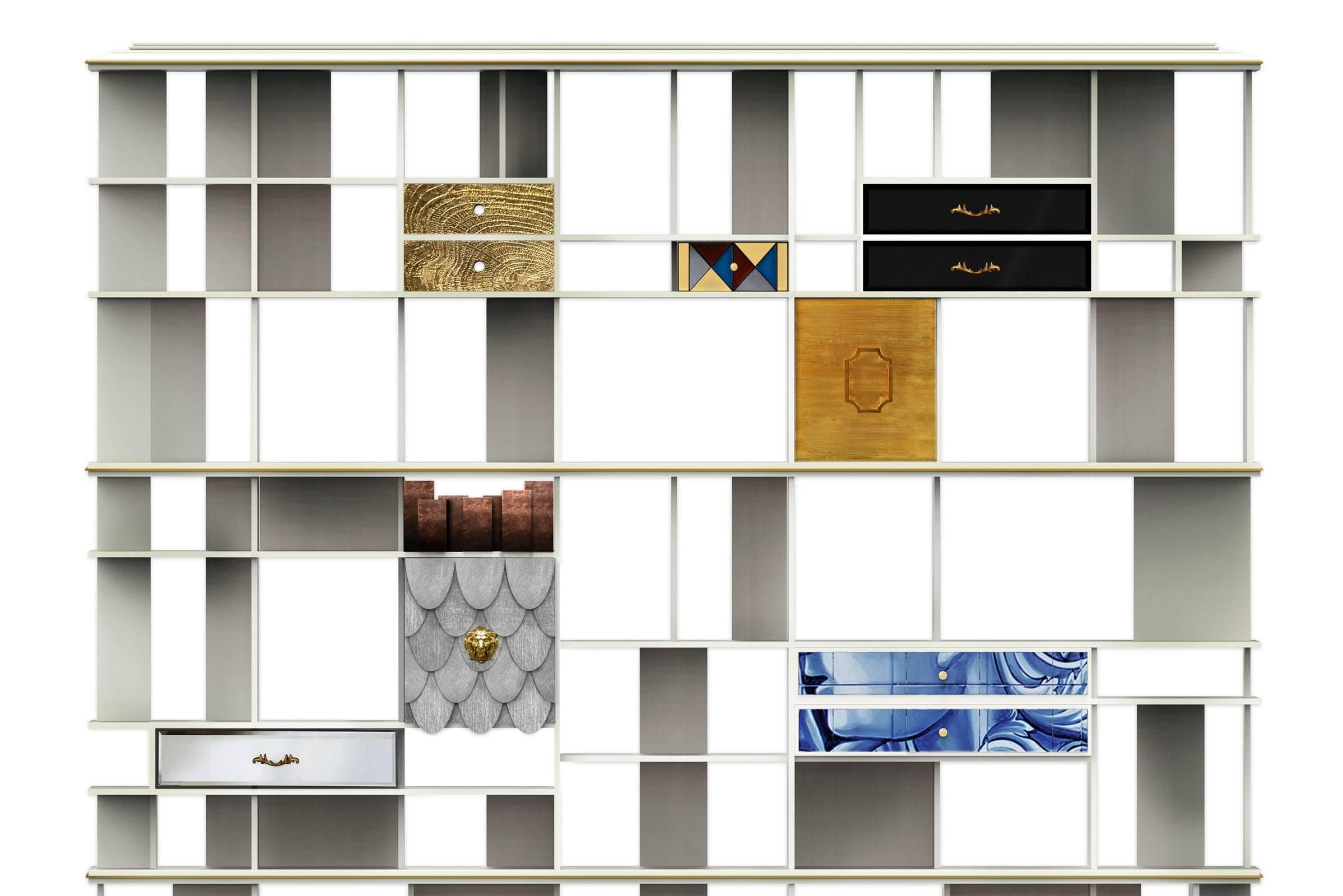 Bookshelves designed in lacquered wood with silver and copper
leaf details, ceramics and Portuguese tiles and glass. Handcrafted
technics of joinery, marquetry, carving, glass work, lacquering,
lacquering and foundry. Exceptional piece.

  
   