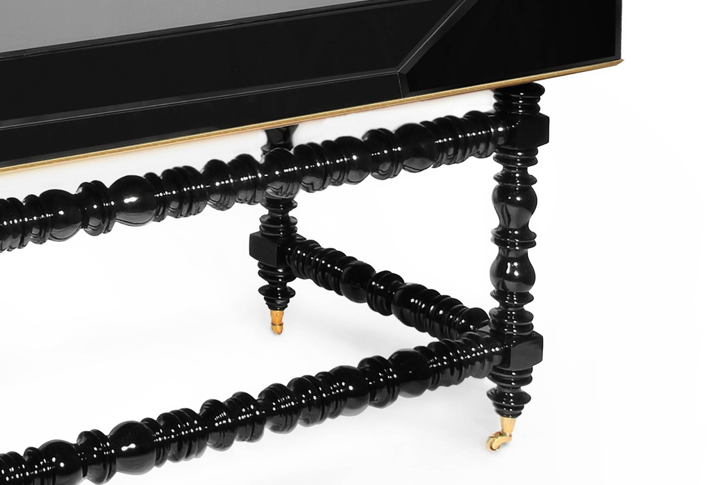 Hand-Crafted Queen Desk with Black Lacquered Mirror and Leather Top Gold Leaf Details For Sale