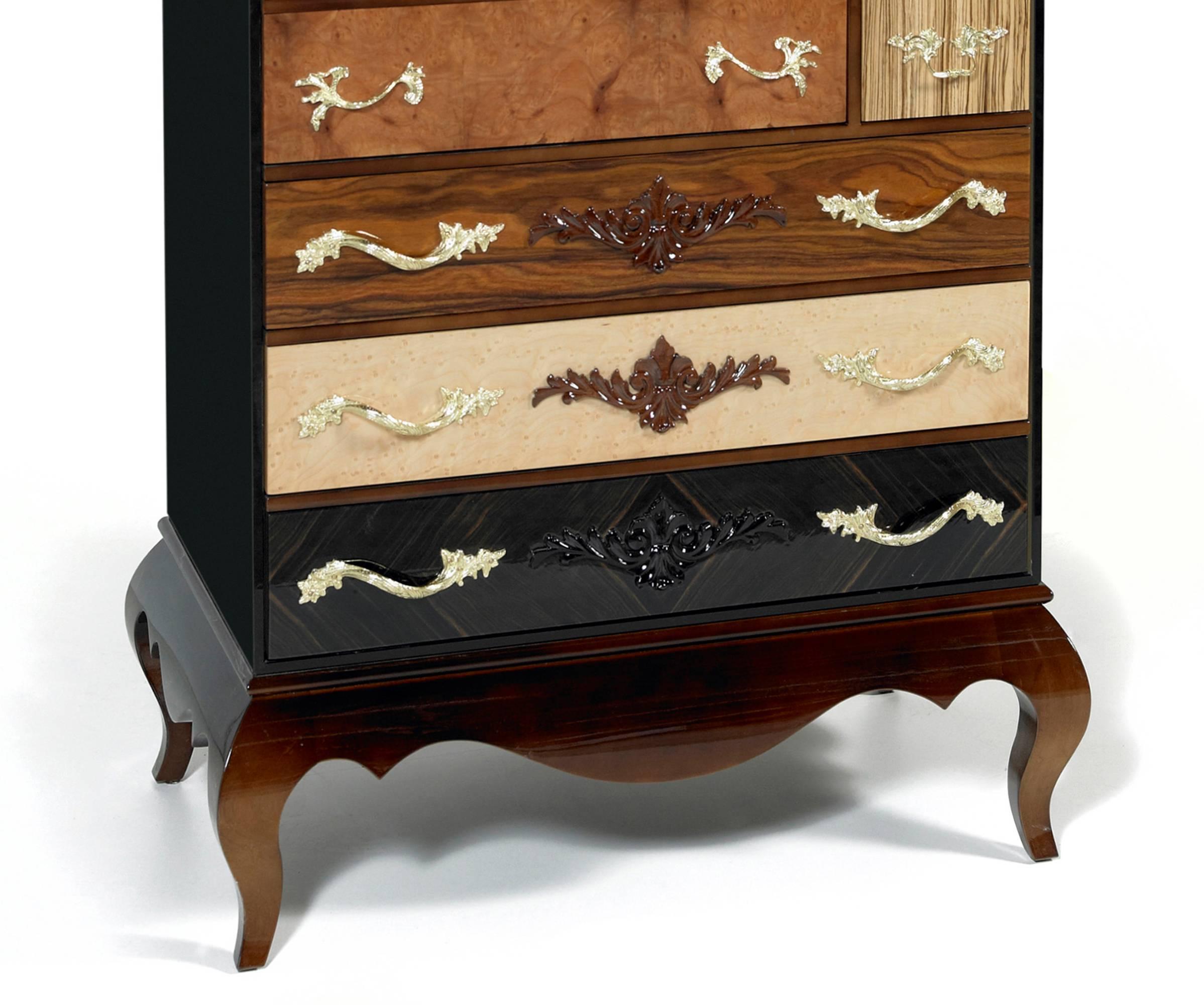 Hand-Crafted Elizabeth Chest in Olive Root Palisander Zebrano Poplar Veneer and More For Sale