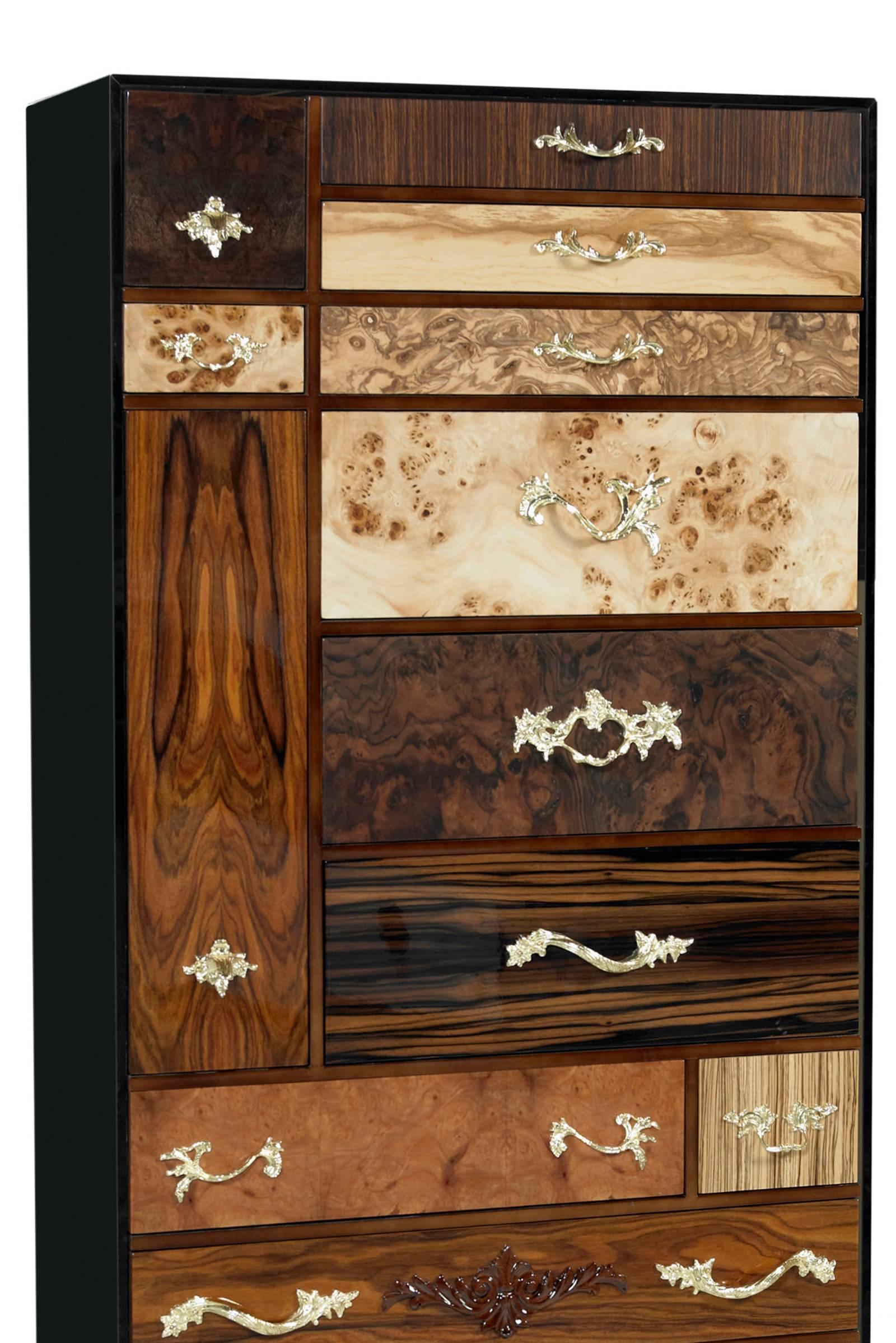 Chest of drawers Elizabeth is an amazing handcrafted wood work,
Made in Olive root veneer, palisander root veneer, Zebrano
root veneer, Poplar root veneer, bird's-eye root veneer, walnut
root veneer, ebony root veneer and Myrtle burl