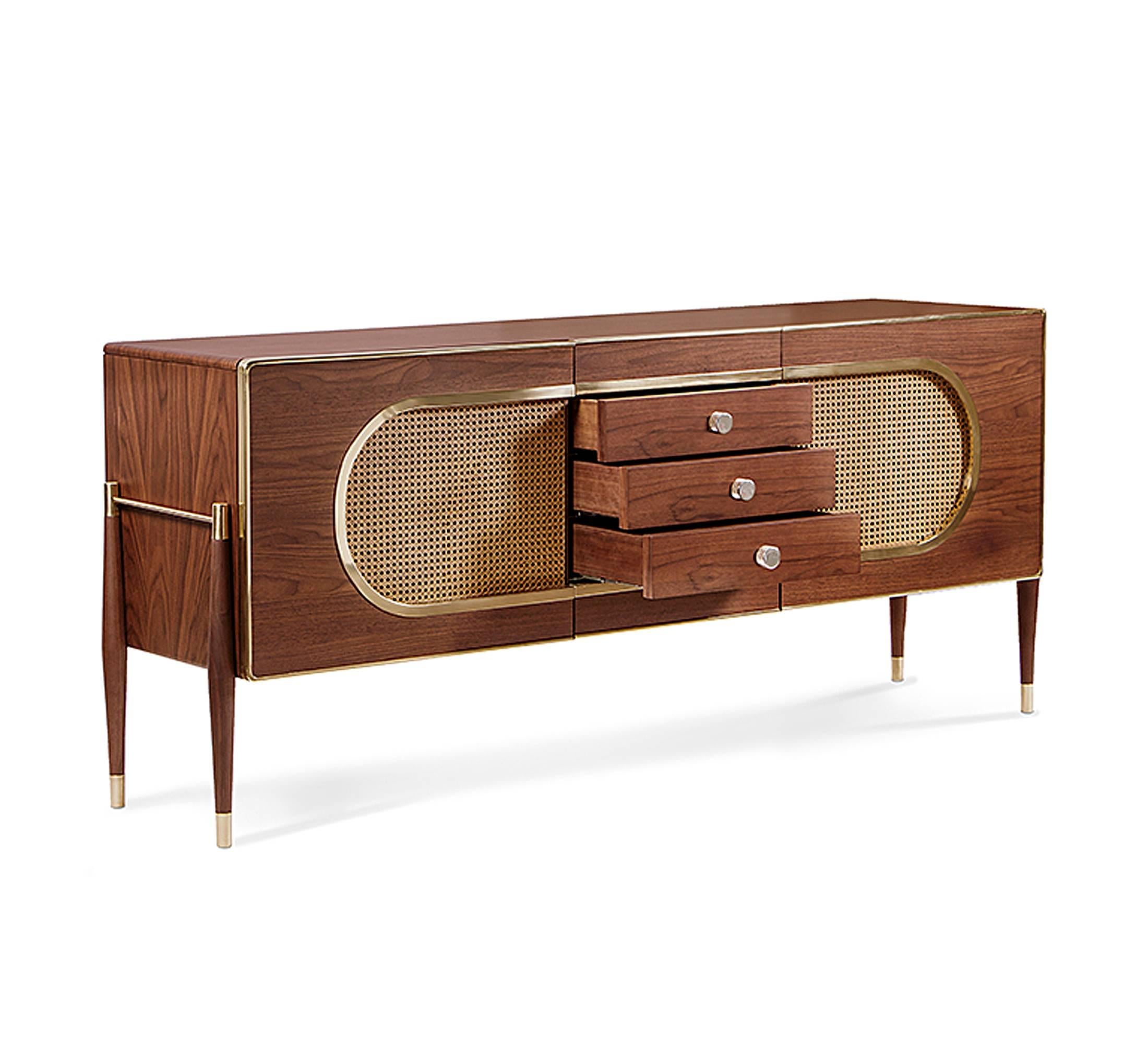 Sideboard walnut straw with rare wood, look like 
vintage radios, modern as Scandinavian design. 
Solid walnut and golden-plated brass.
.